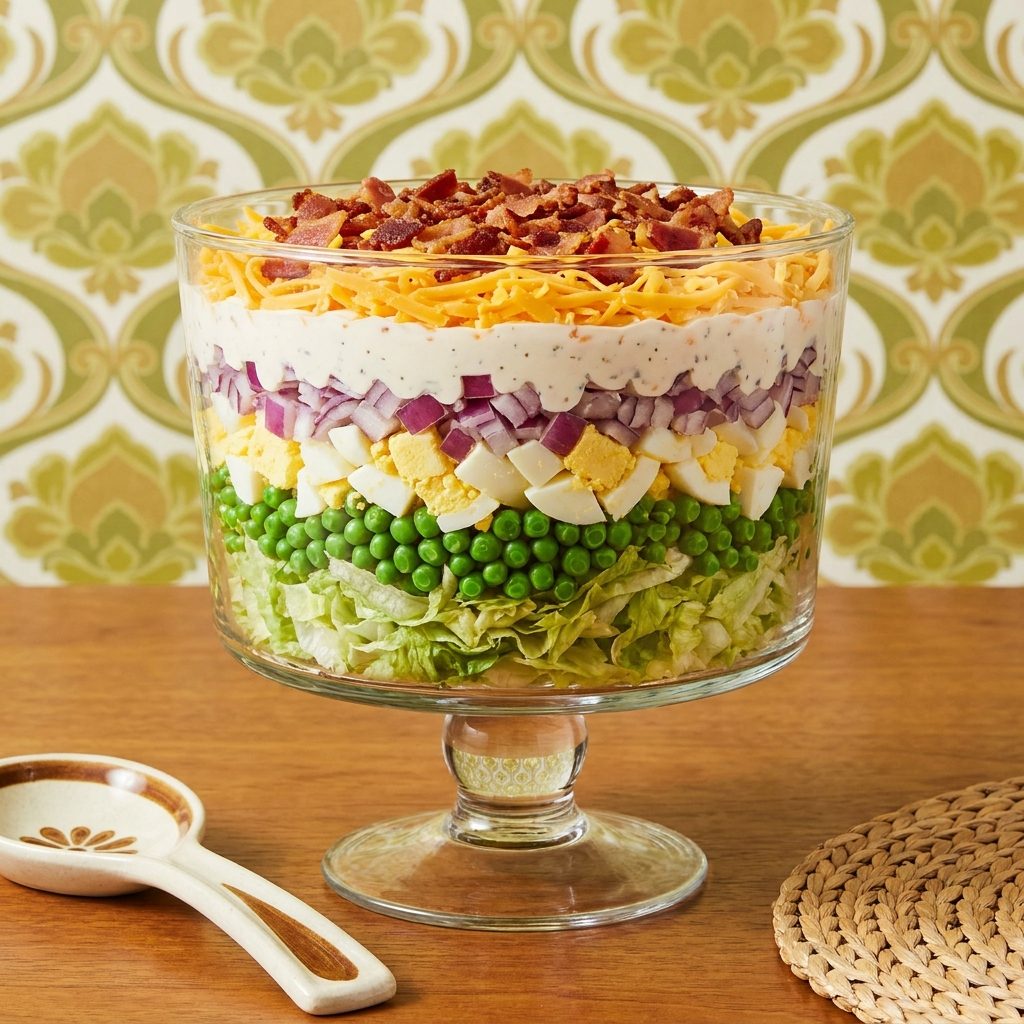 Seven-layer salad displayed in a clear glass bowl