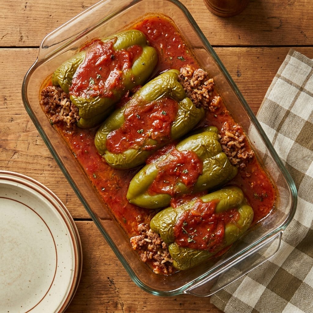 Stuffed green bell peppers filled with ground beef, rice, tomato sauce, and onion