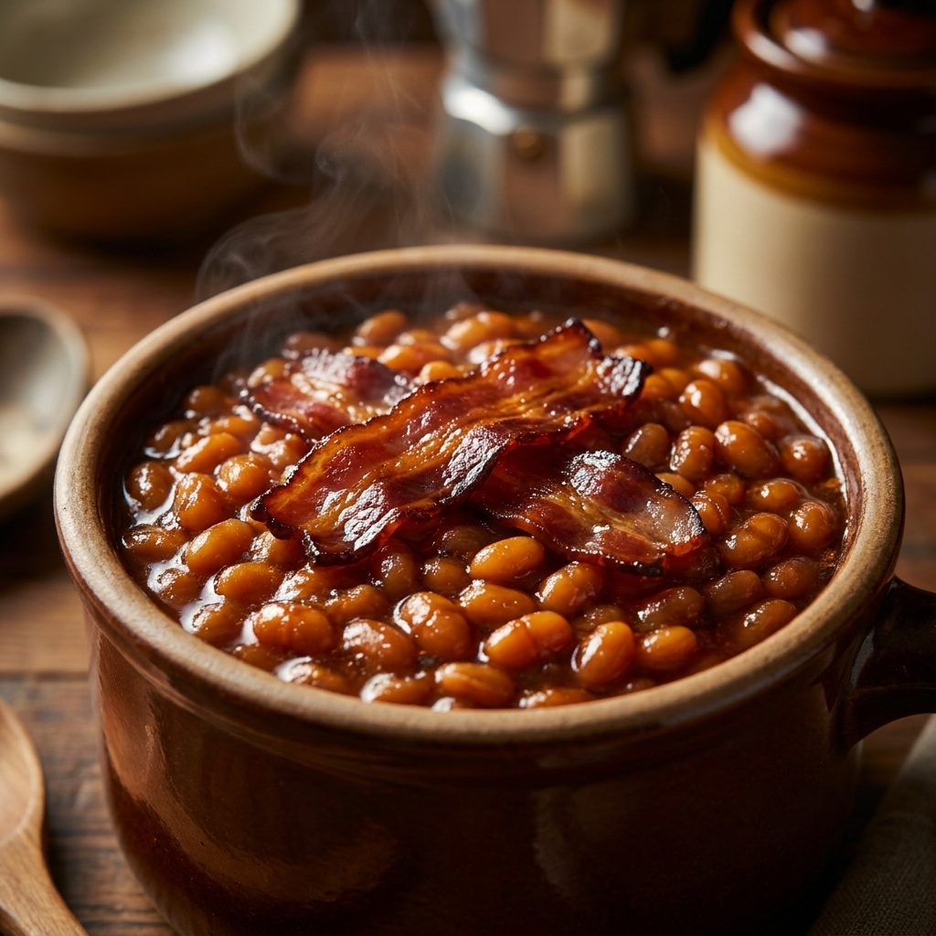 Sweet baked beans with brown sugar, bacon, onion, and caramelized edges