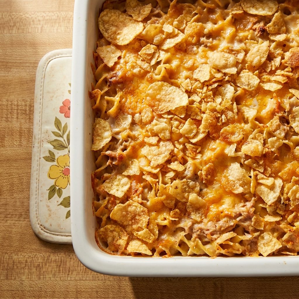 Tuna noodle casserole topped with crushed potato chips