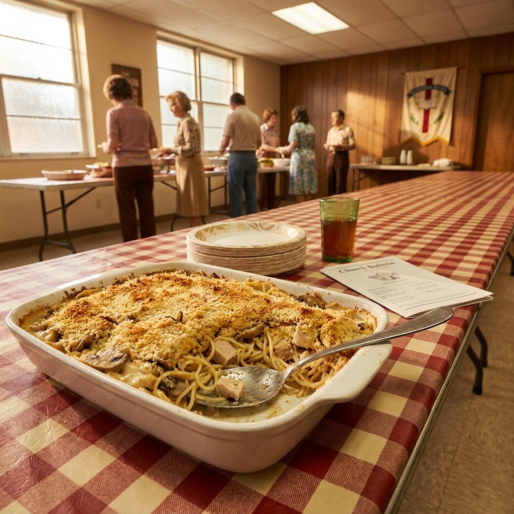 Turkey tetrazzini with spaghetti, mushrooms, Parmesan, and a buttery breadcrumb topping