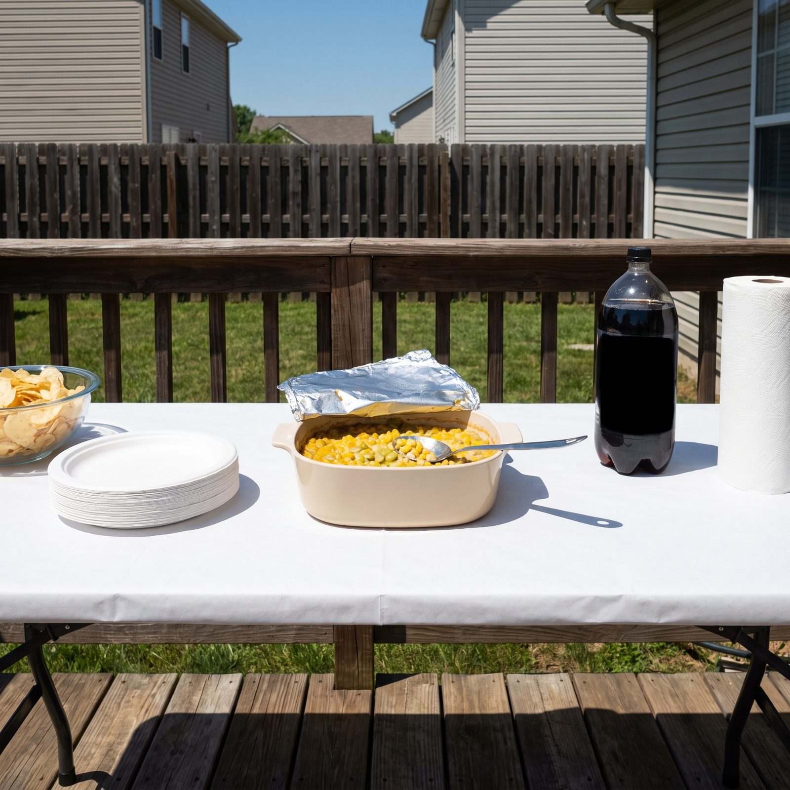 Backyard folding table with a beige casserole dish of corn-and-lima-bean bake, foil peeled halfway back, in direct sunlight.