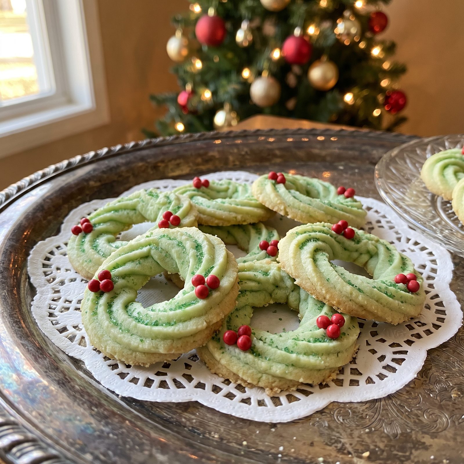Butter Spritz Cookies Pressed Into Green Wreaths