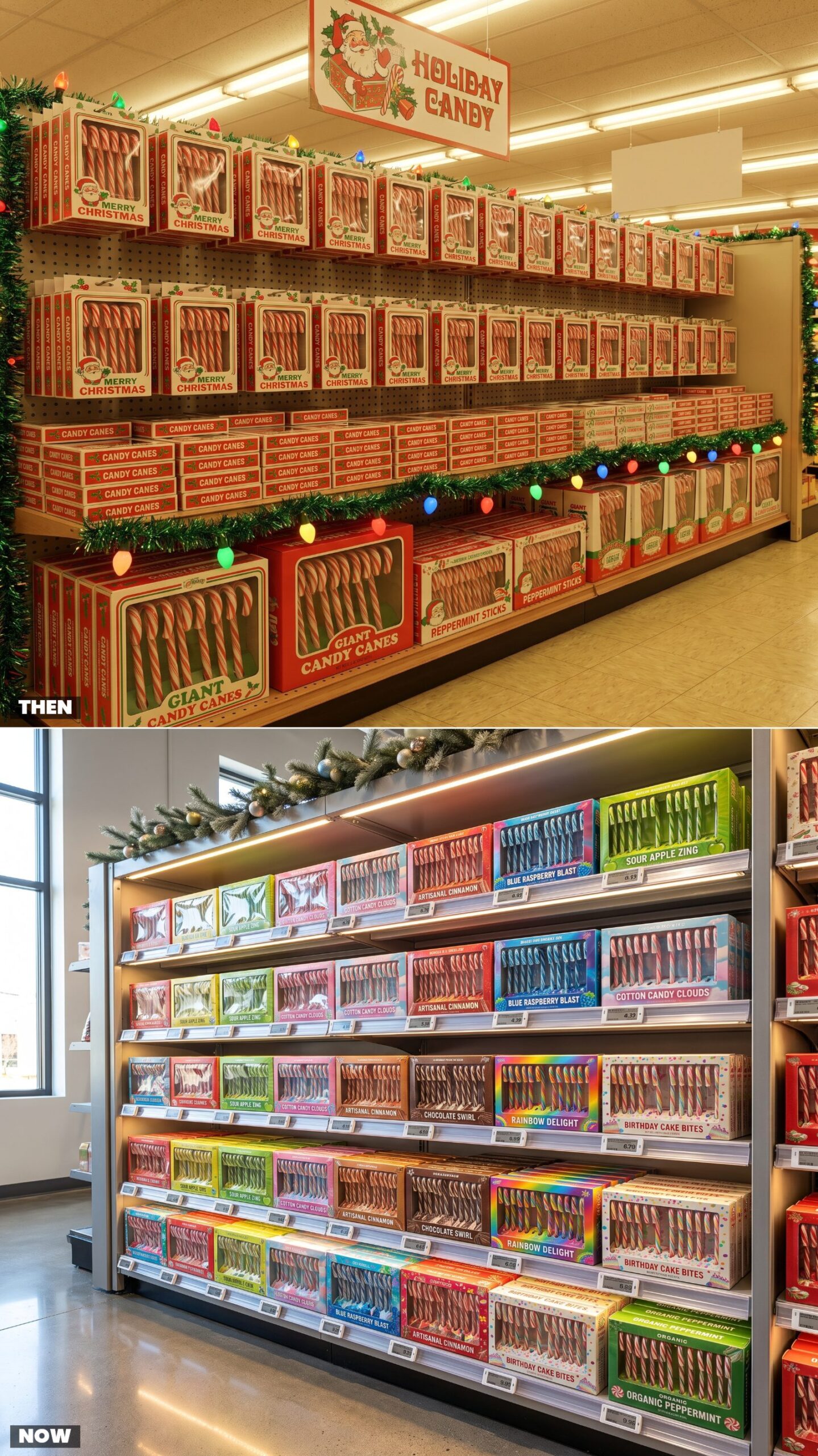 Candy Cane Displays: Simple Red-and-White Boxes vs. Dozens of Novelty Flavors