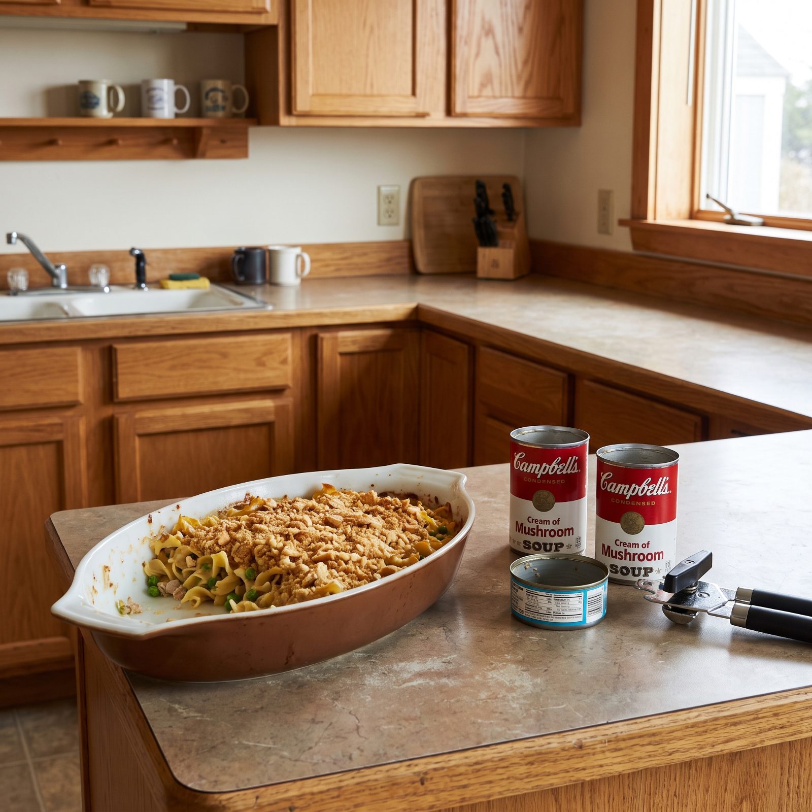 Kitchen counter with tuna noodle casserole beside two empty soup cans and an empty tuna can.