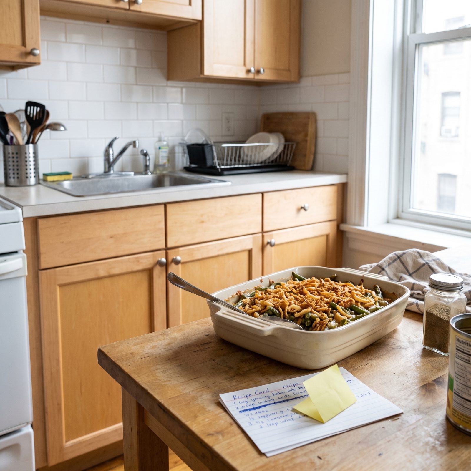 Kitchen counter with a white casserole dish of green-bean bake beside a handwritten recipe card with one line covered by a