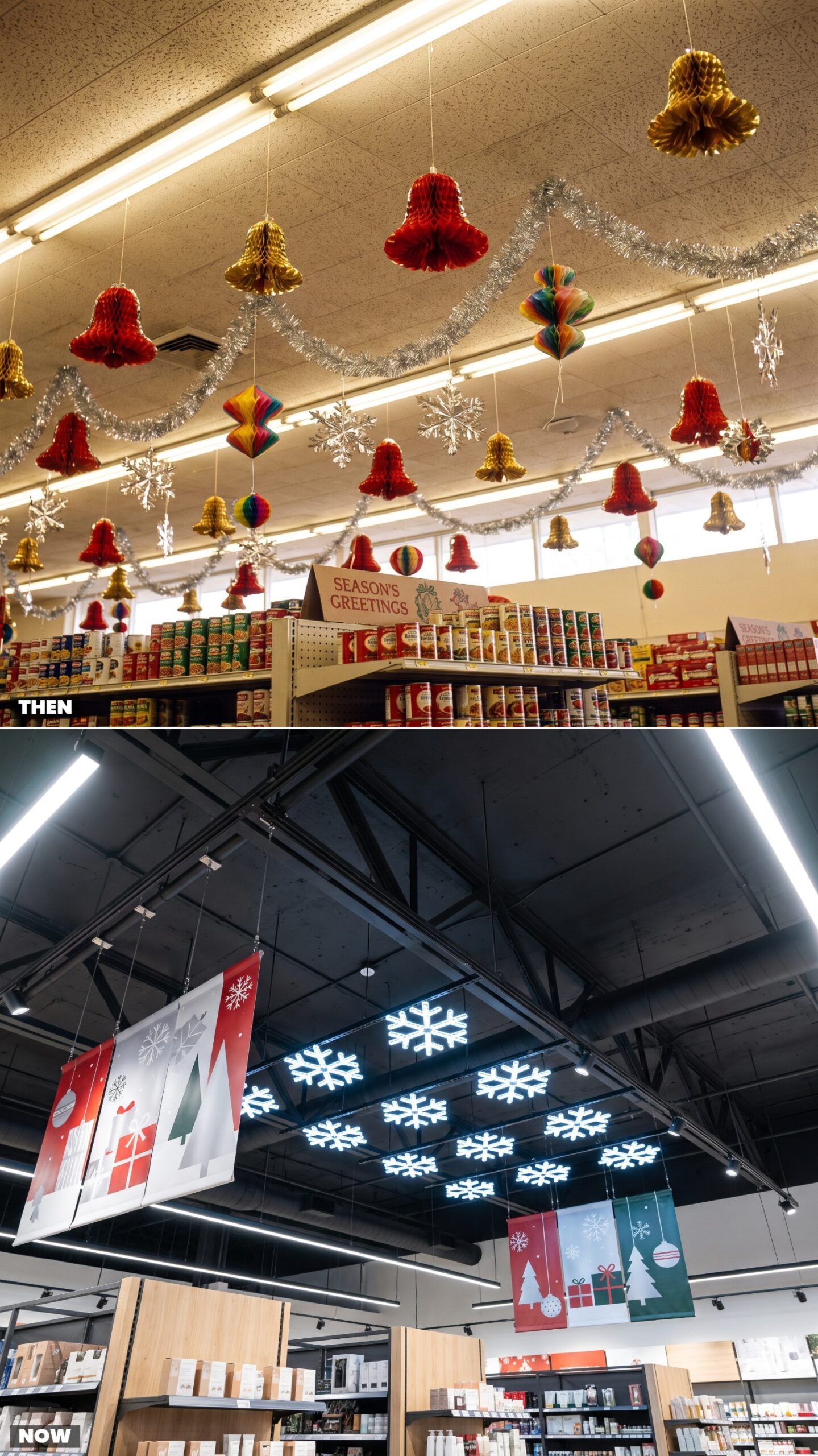 Ceiling Decorations: Foil Bells and Tinsel Garlands vs. Suspended Branded Banners
