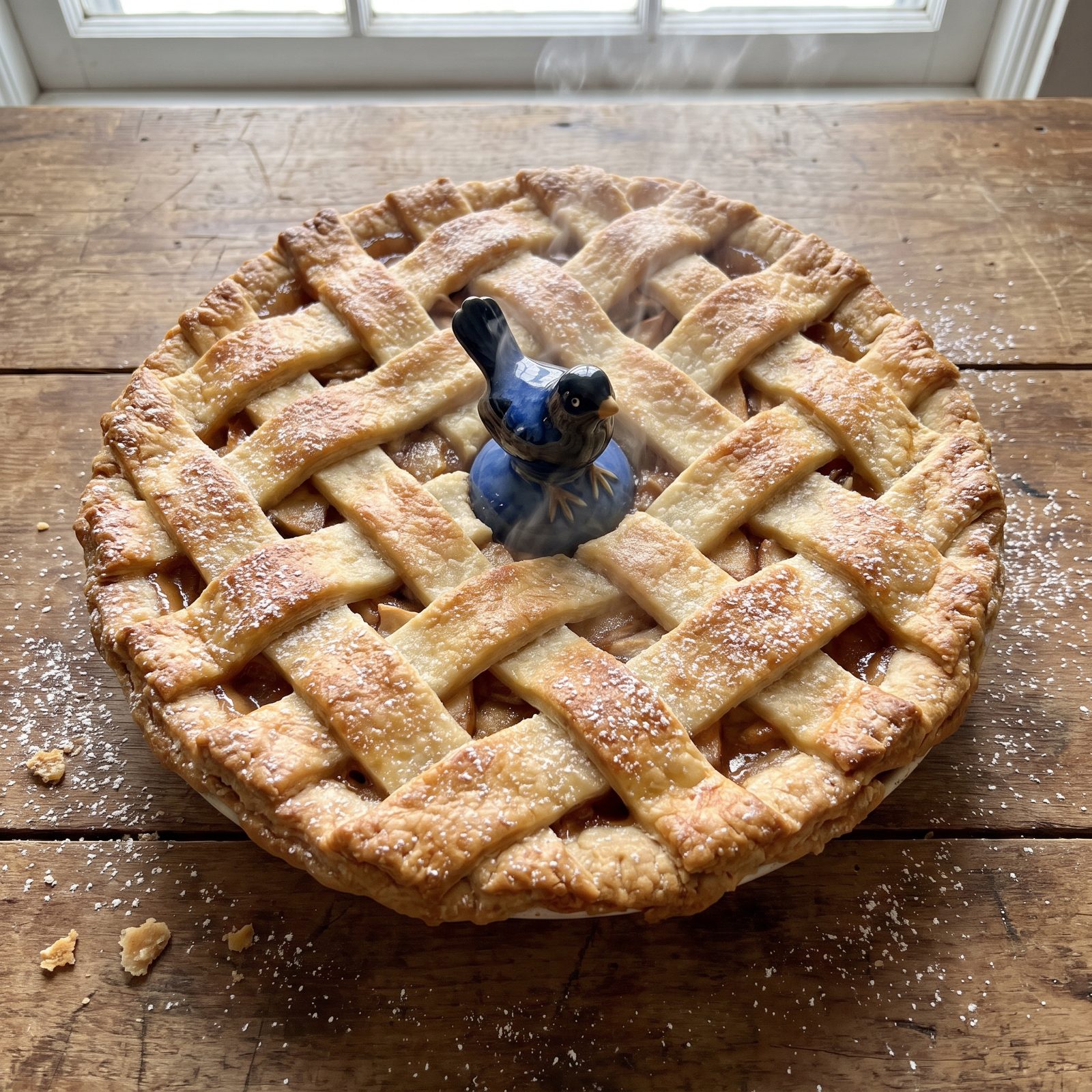A Ceramic Pie Bird With a Homemade Pie