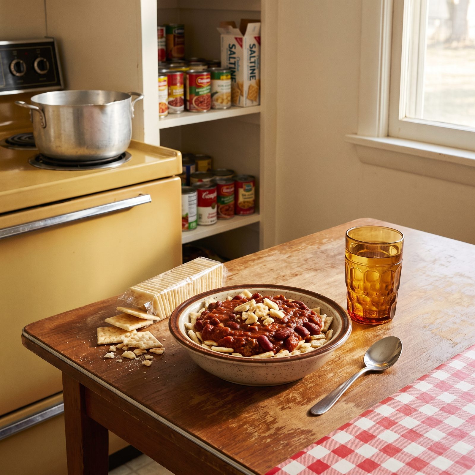 Chili Served Over a Bed of Crushed Saltines