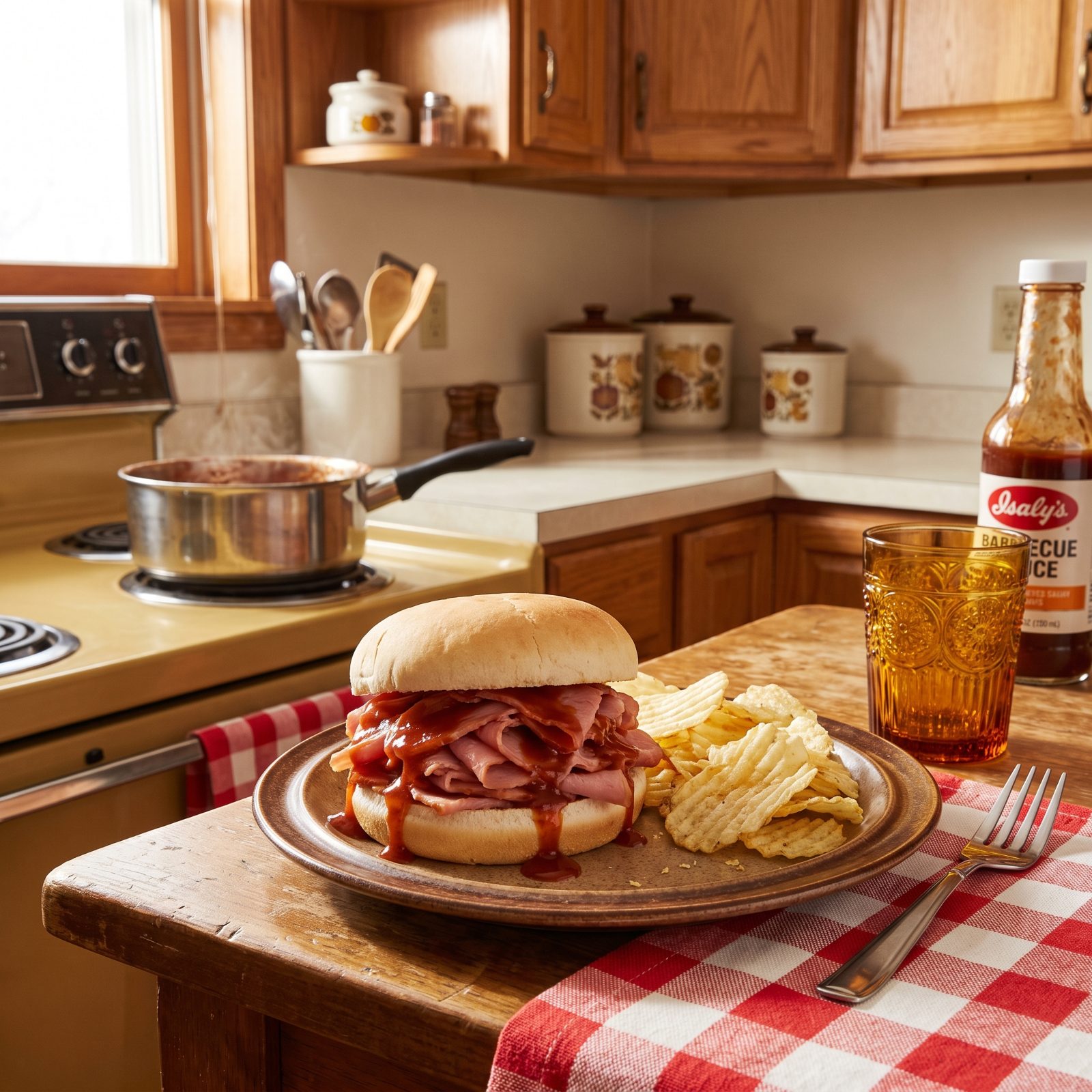 Chipped Ham Barbecue Sandwiches Simmered on the Stove