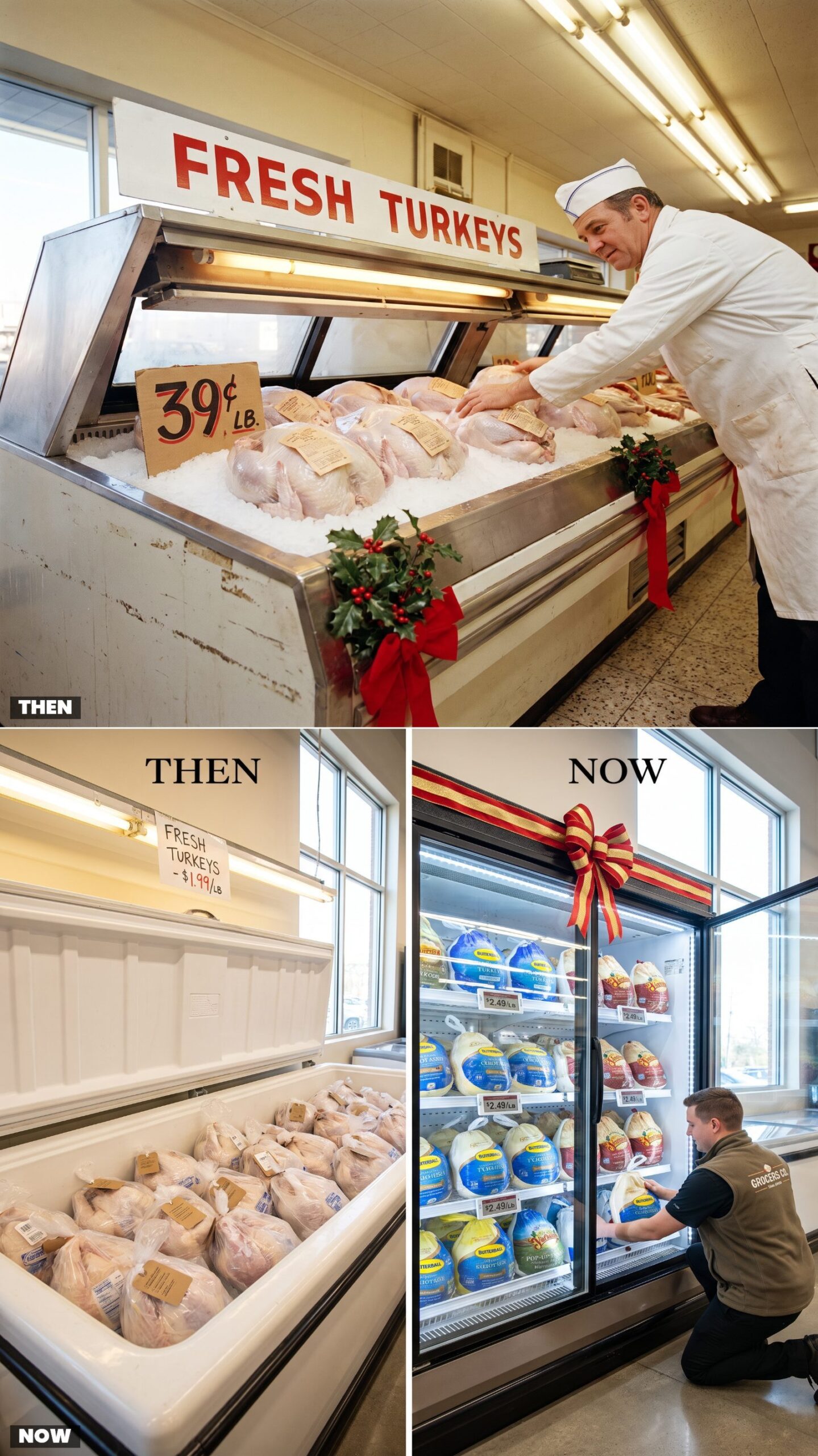 Christmas Turkeys: Fresh Birds Behind Glass vs. Branded Frozen-Bird Freezers