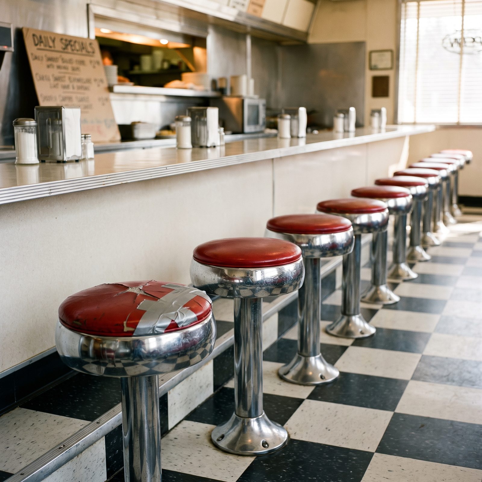 The Chrome Counter Stools Bolted in a Perfect Row