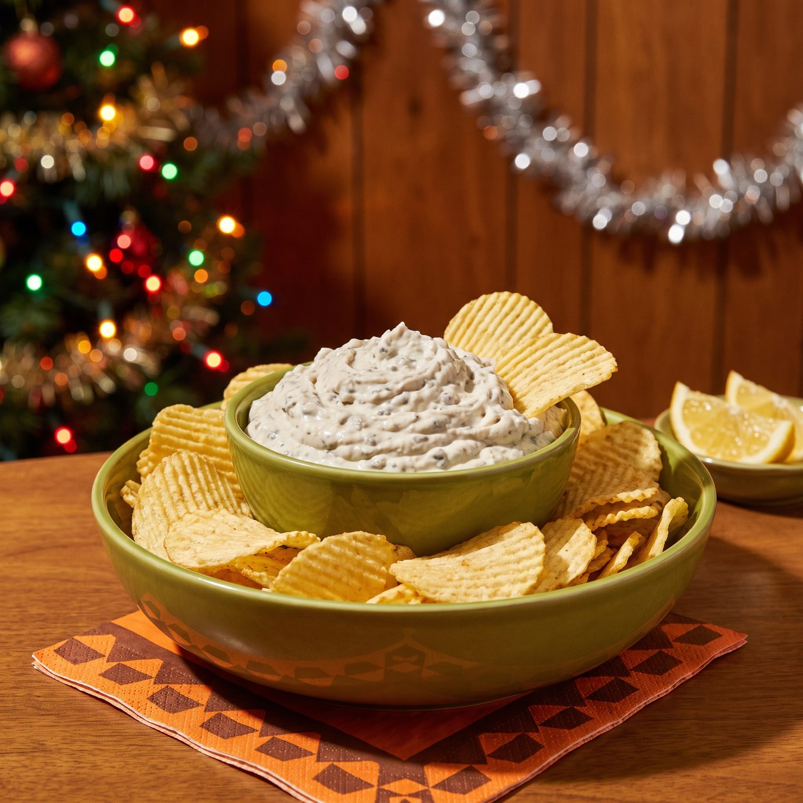Clam Dip and a Bowl of Ridged Potato Chips