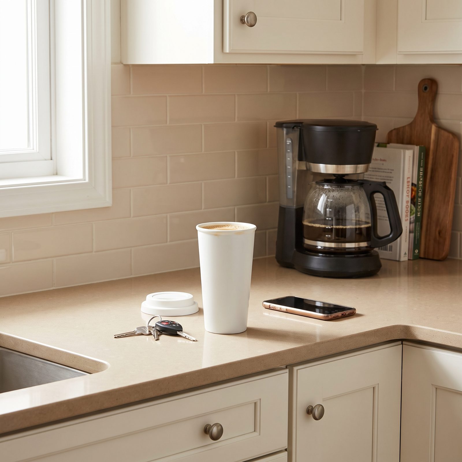 Kitchen counter with a white lidded to-go coffee mug beside car keys and a phone.