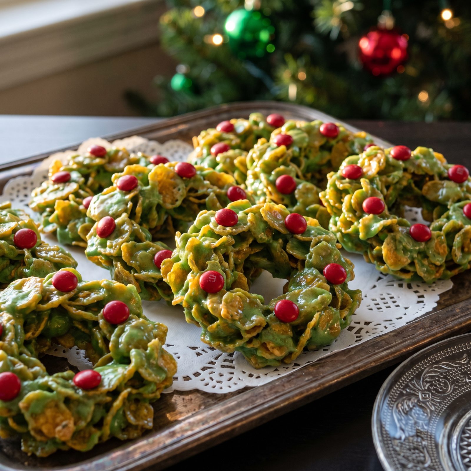 Cornflake Wreath Cookies With Red Cinnamon Candies
