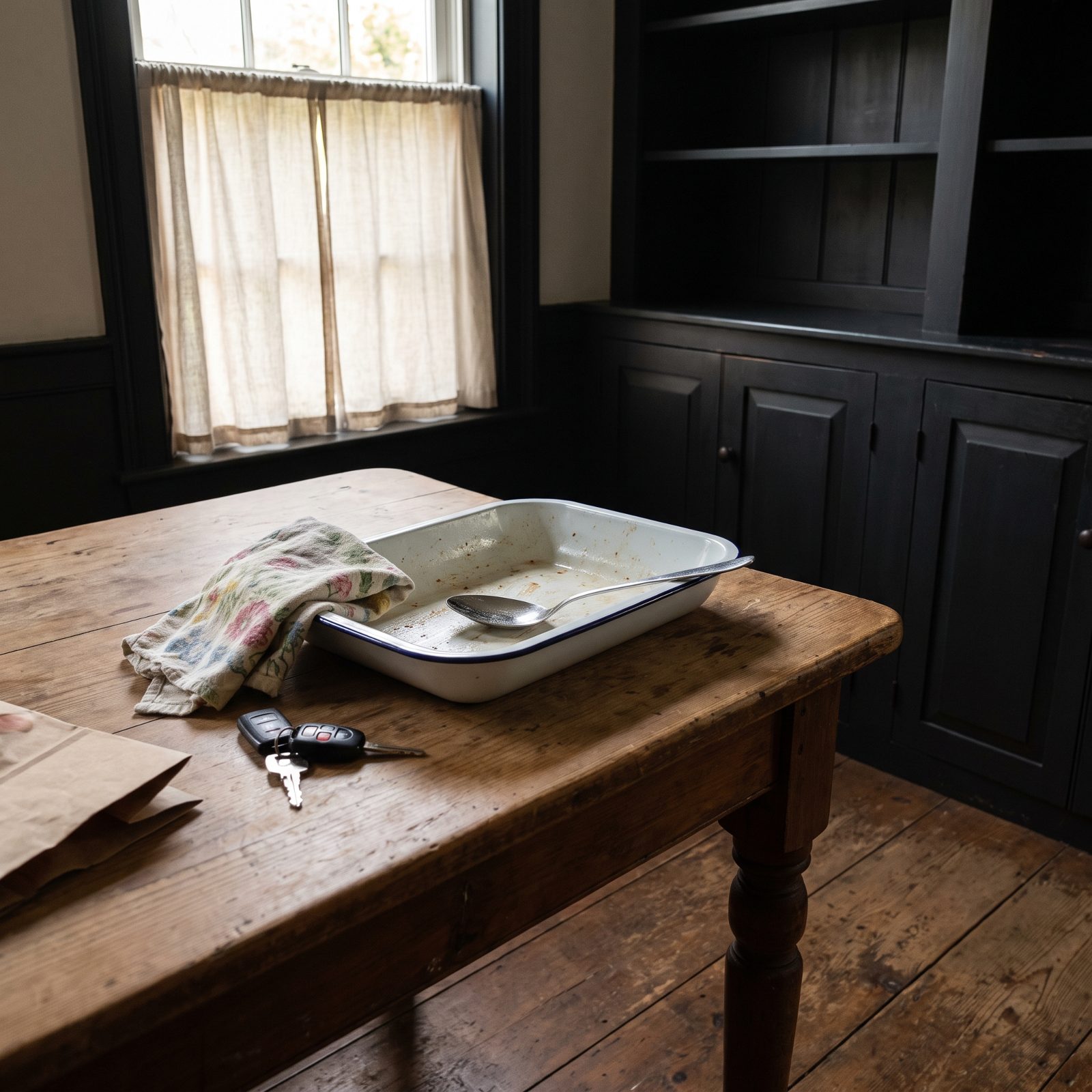 Kitchen table with an empty scraped-clean white enamel roasting pan, a serving spoon inside, and a floral towel over the