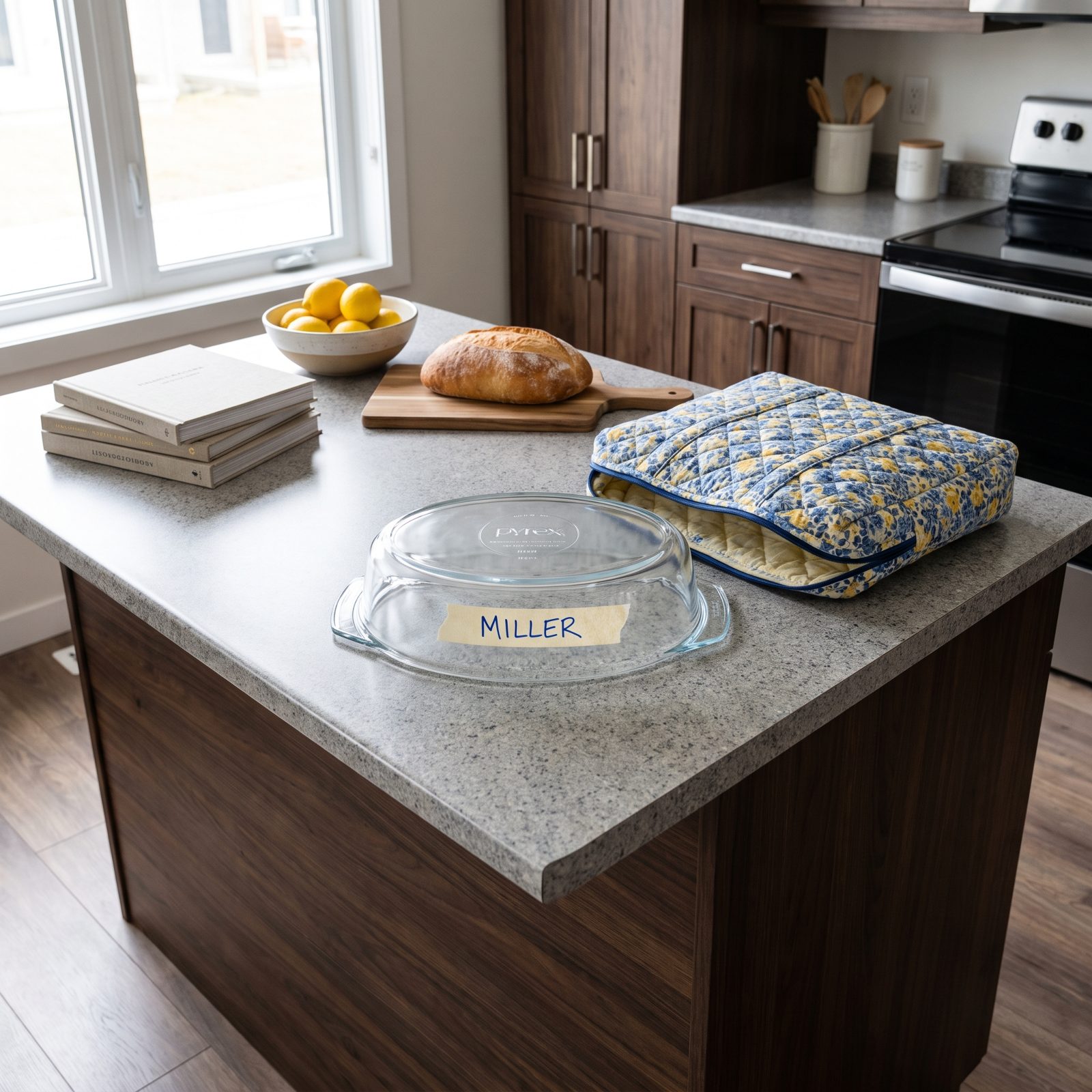 Kitchen island with a Pyrex dish turned upside down showing a masking-tape name label beside a quilted carrier.