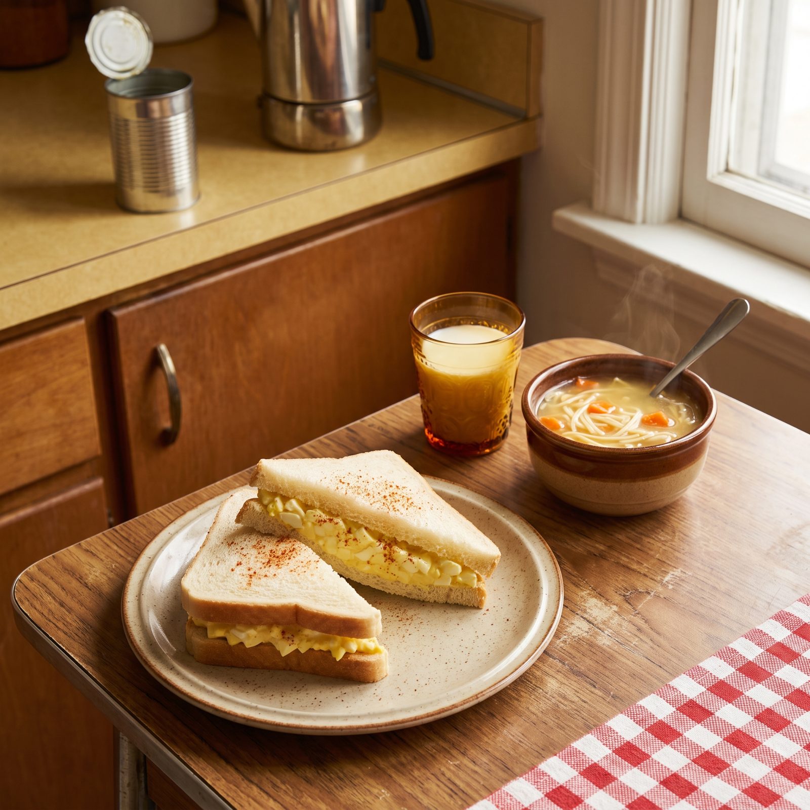 Egg Salad Sandwiches with a Bowl of Canned Soup on the Side