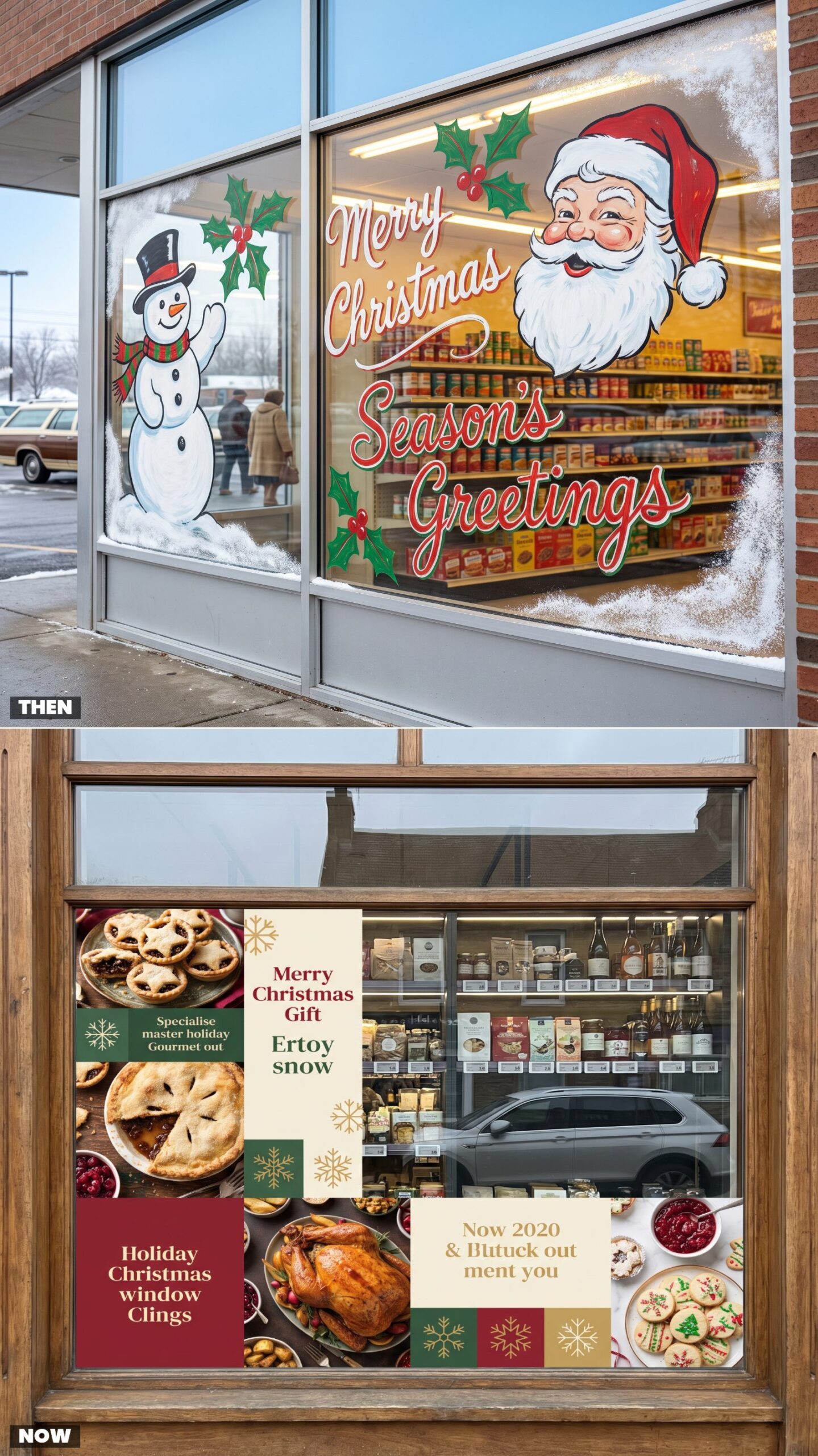 Front Windows: Hand-Painted Christmas Scenes vs. Printed Promotional Graphics