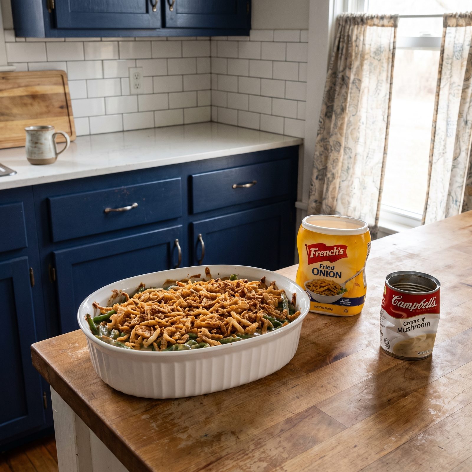 Kitchen counter with green bean casserole topped with crisp fried onions.