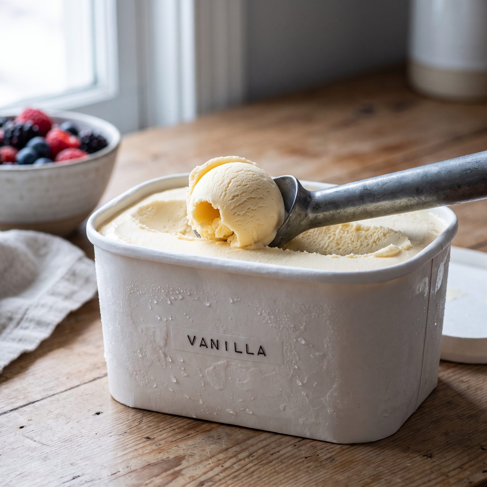 The Half-Gallon of Vanilla Ice Cream in the Waxed Rectangular Carton