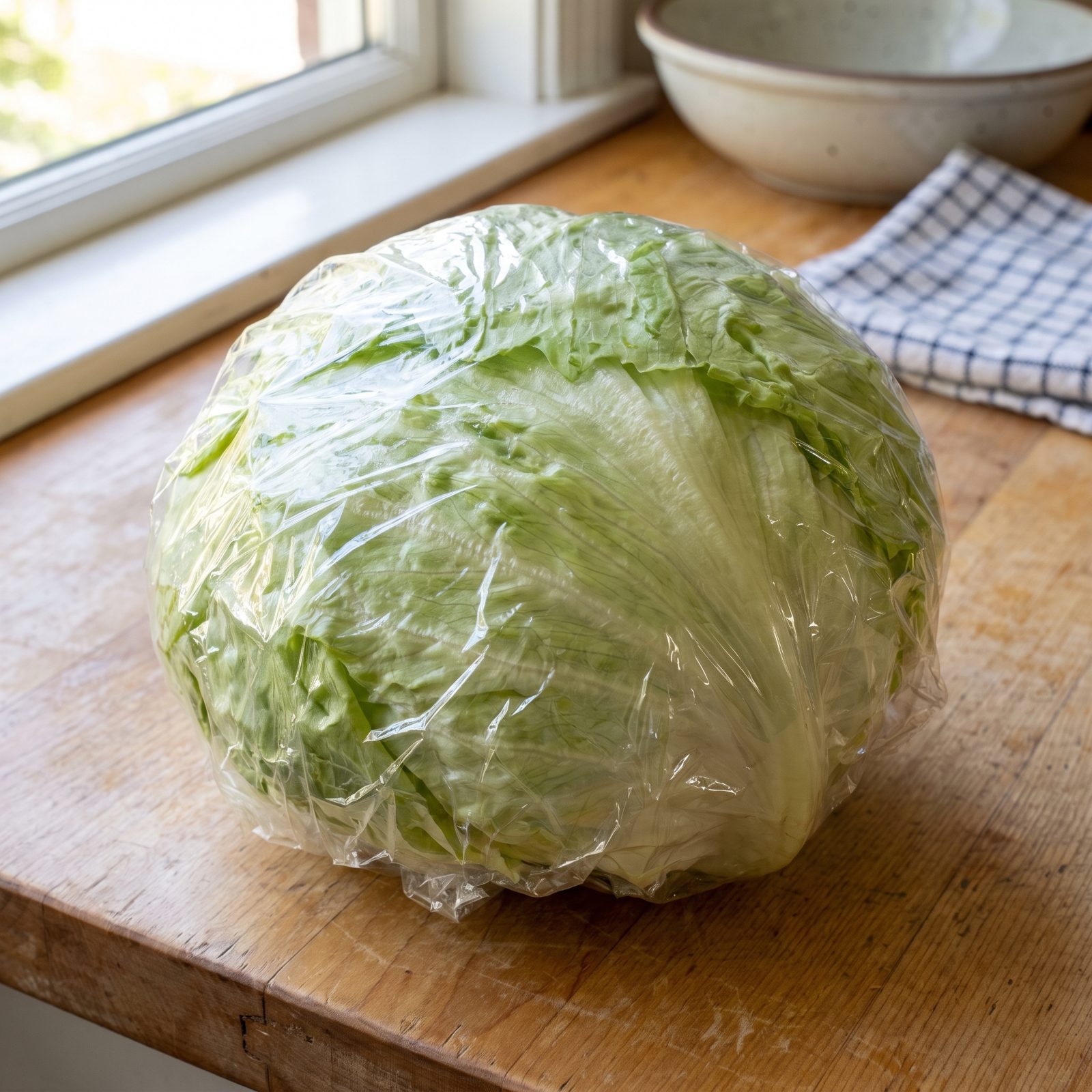 A Head of Iceberg Lettuce, Wrapped in Crinkled Plastic