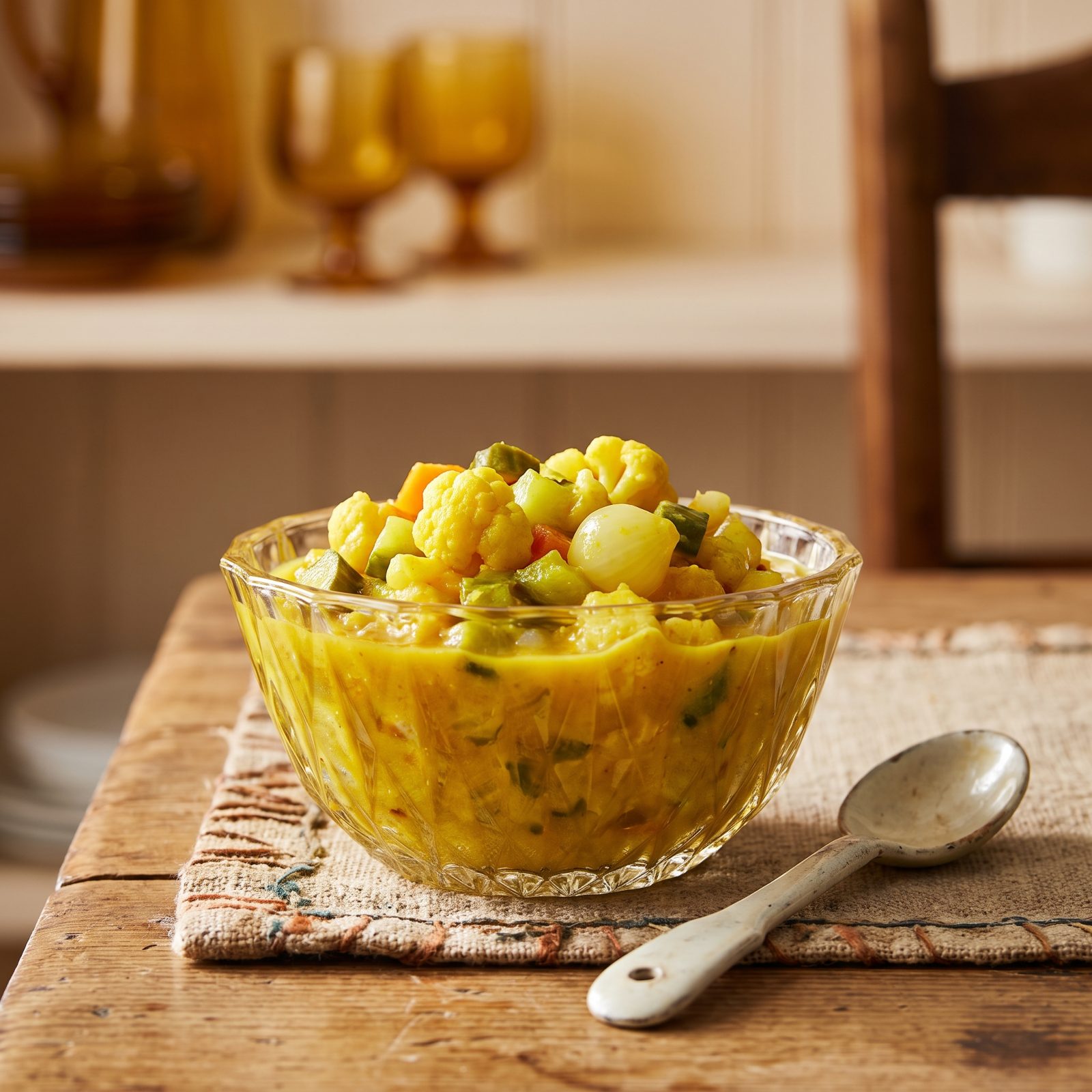Homemade Piccalilli Relish in a Pressed-Glass Dish