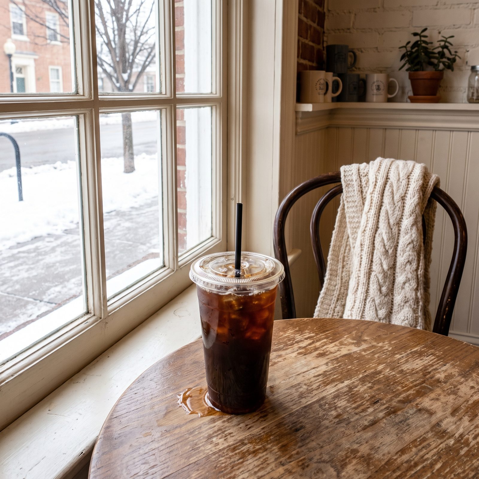 Café window table with a tall iced coffee in a clear cup and a knit scarf on the chair, snow outside.