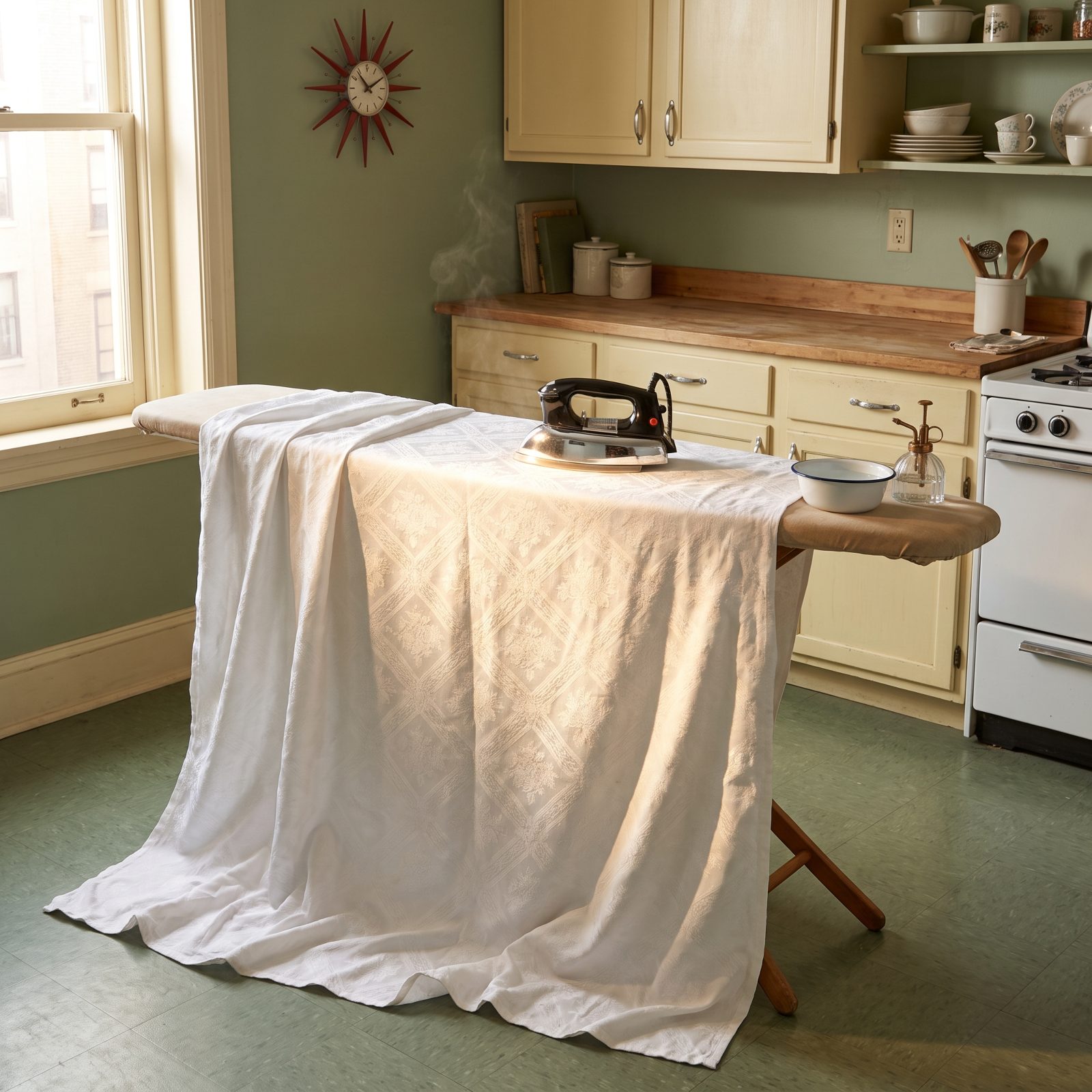 Ironing a Full White Damask Tablecloth