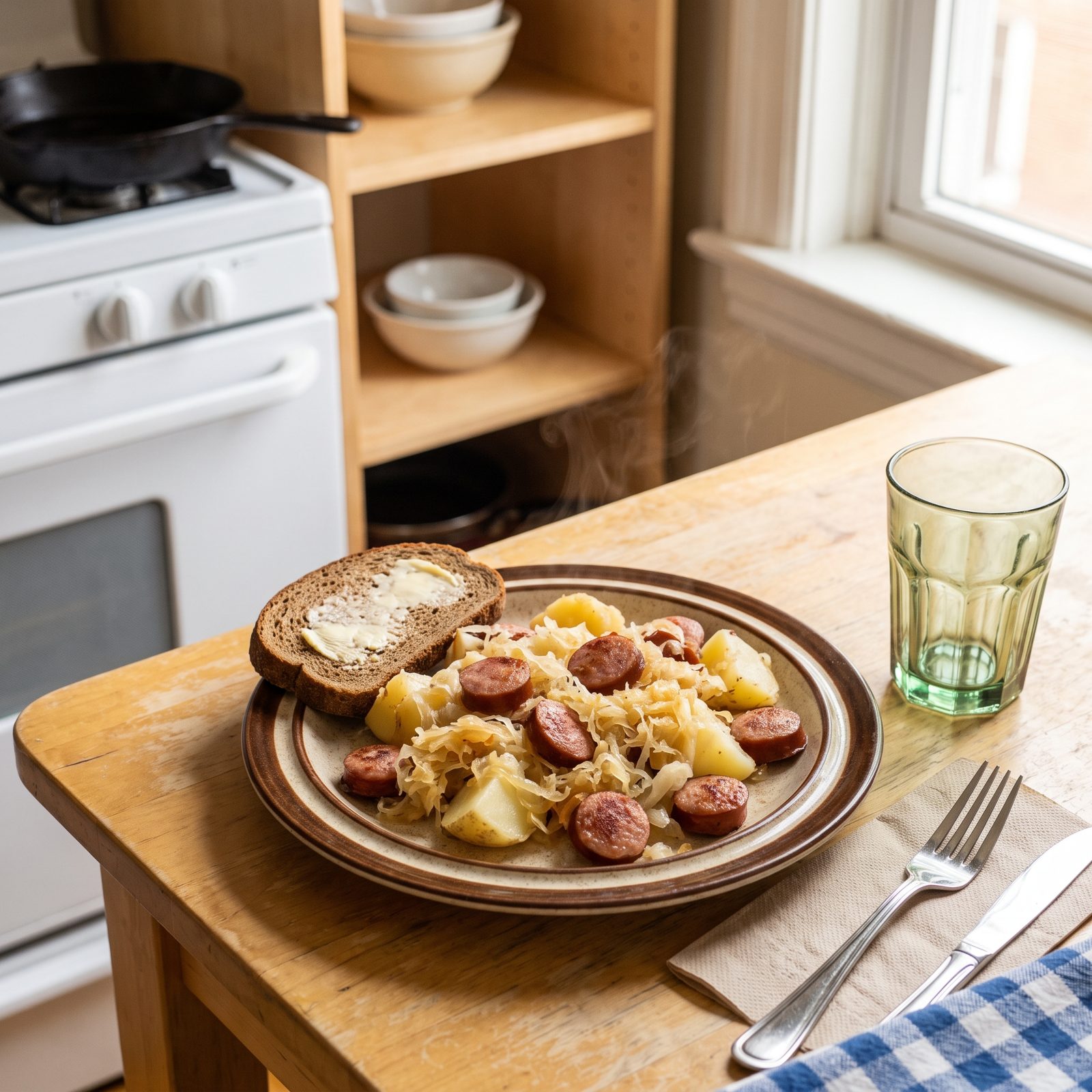 Kielbasa with Sauerkraut and Potatoes in One Pan