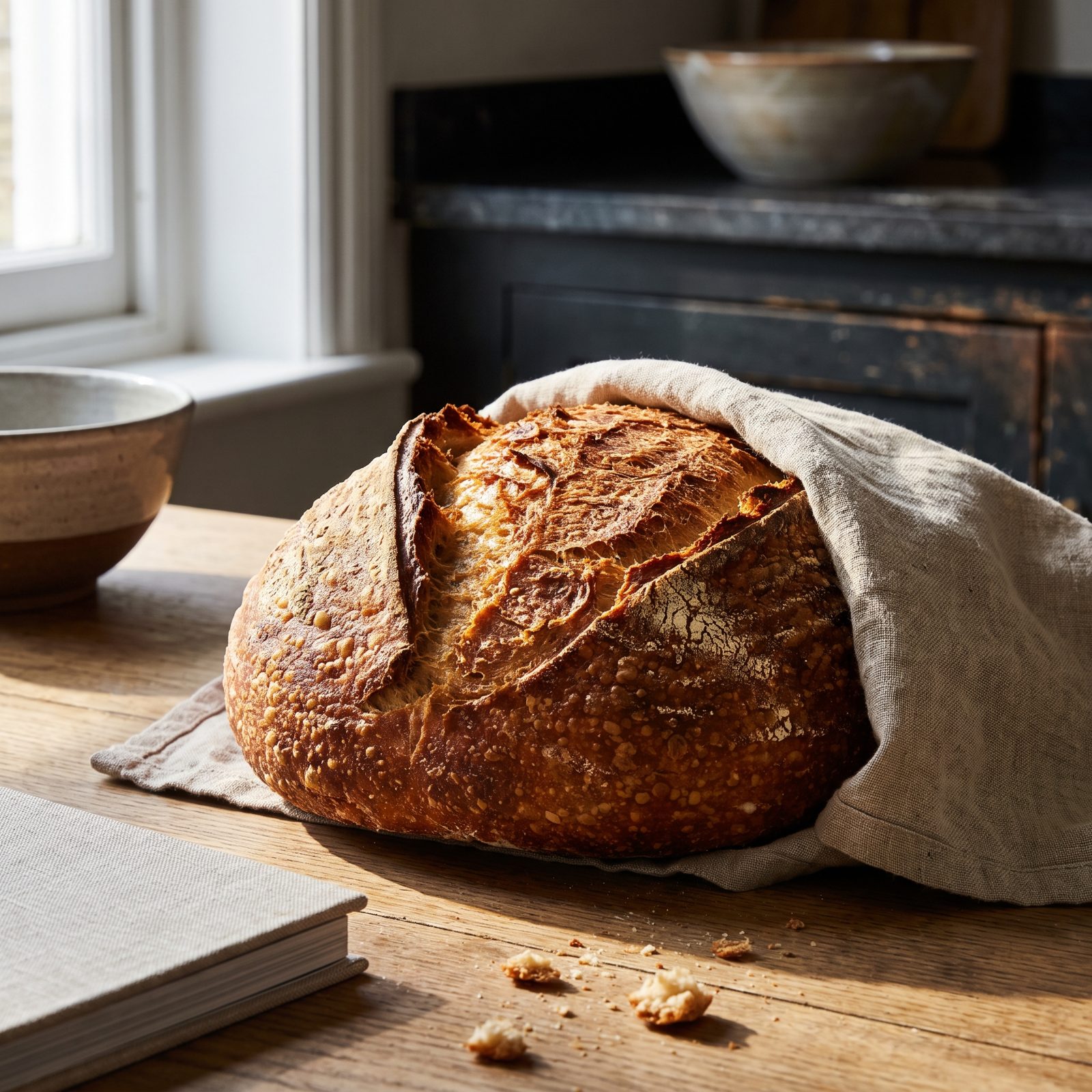 A Loaf of Homemade Sourdough Wrapped in Linen