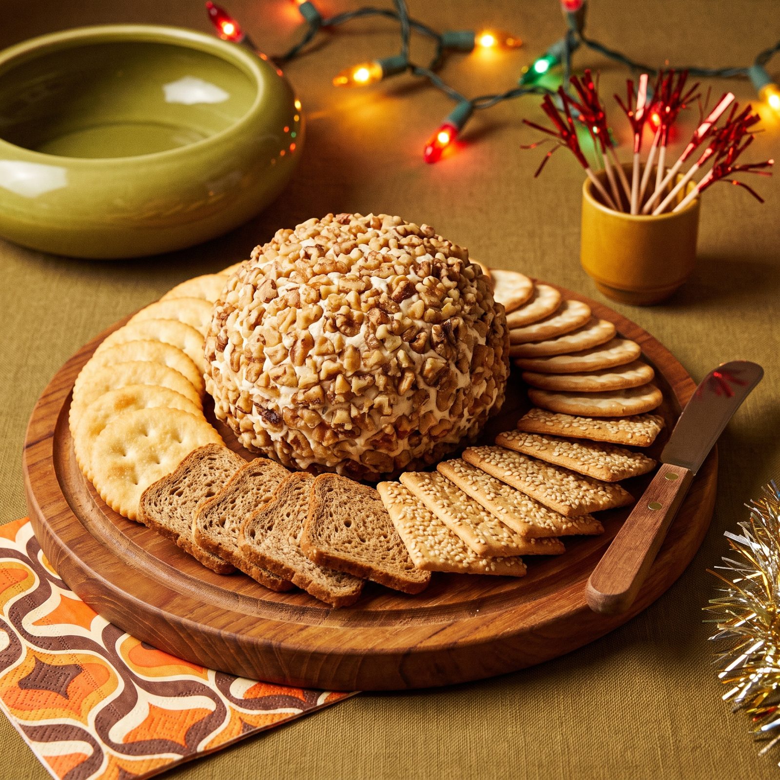 A Nut-Crusted Cheese Ball With a Ring of Crackers