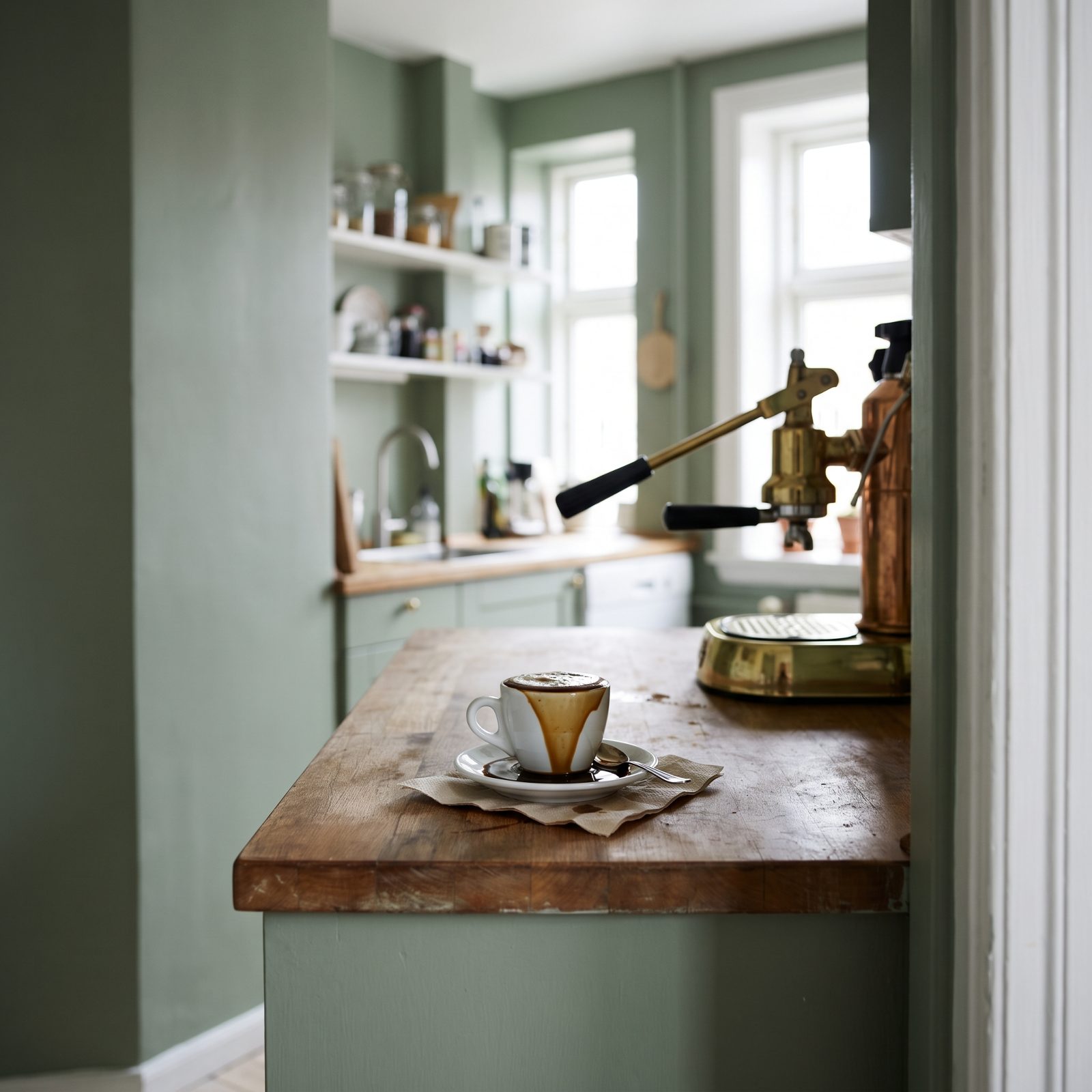 Cafe counter with a small white espresso cup on a saucer holding a short black shot.