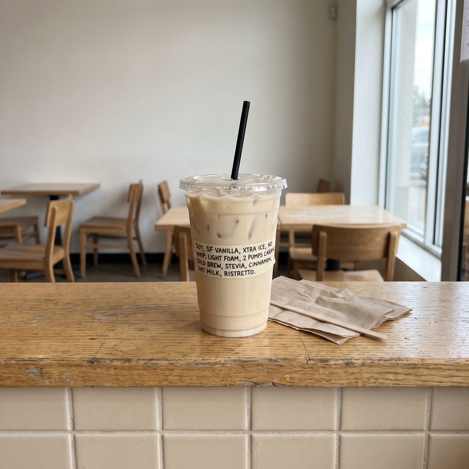 Cafe pickup counter with a clear plastic cup of iced coffee marked with handwriting and a straw.