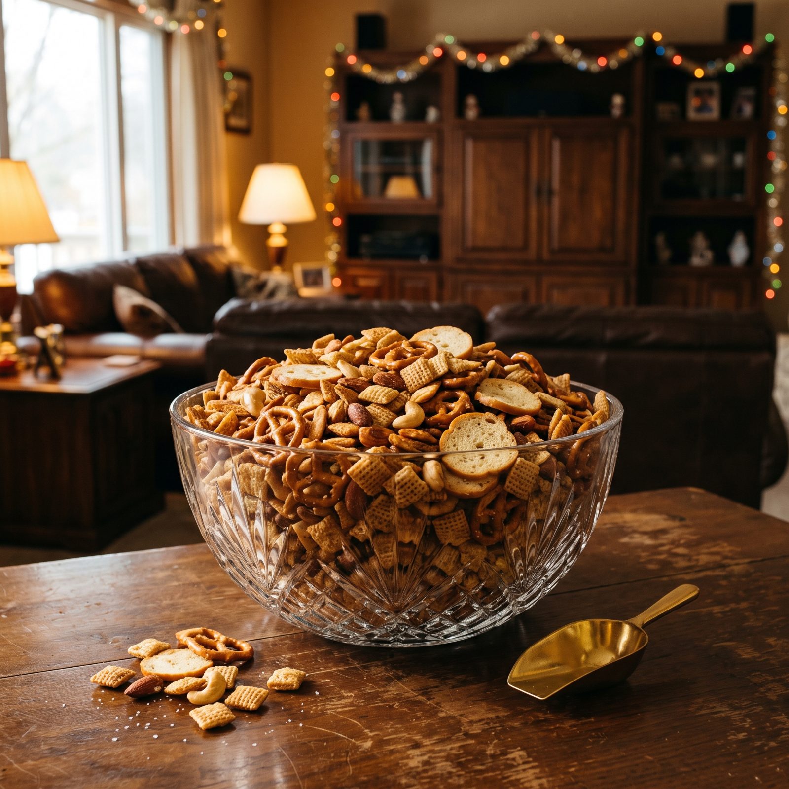 Oven-Toasted Chex Party Mix in the Cut-Glass Bowl