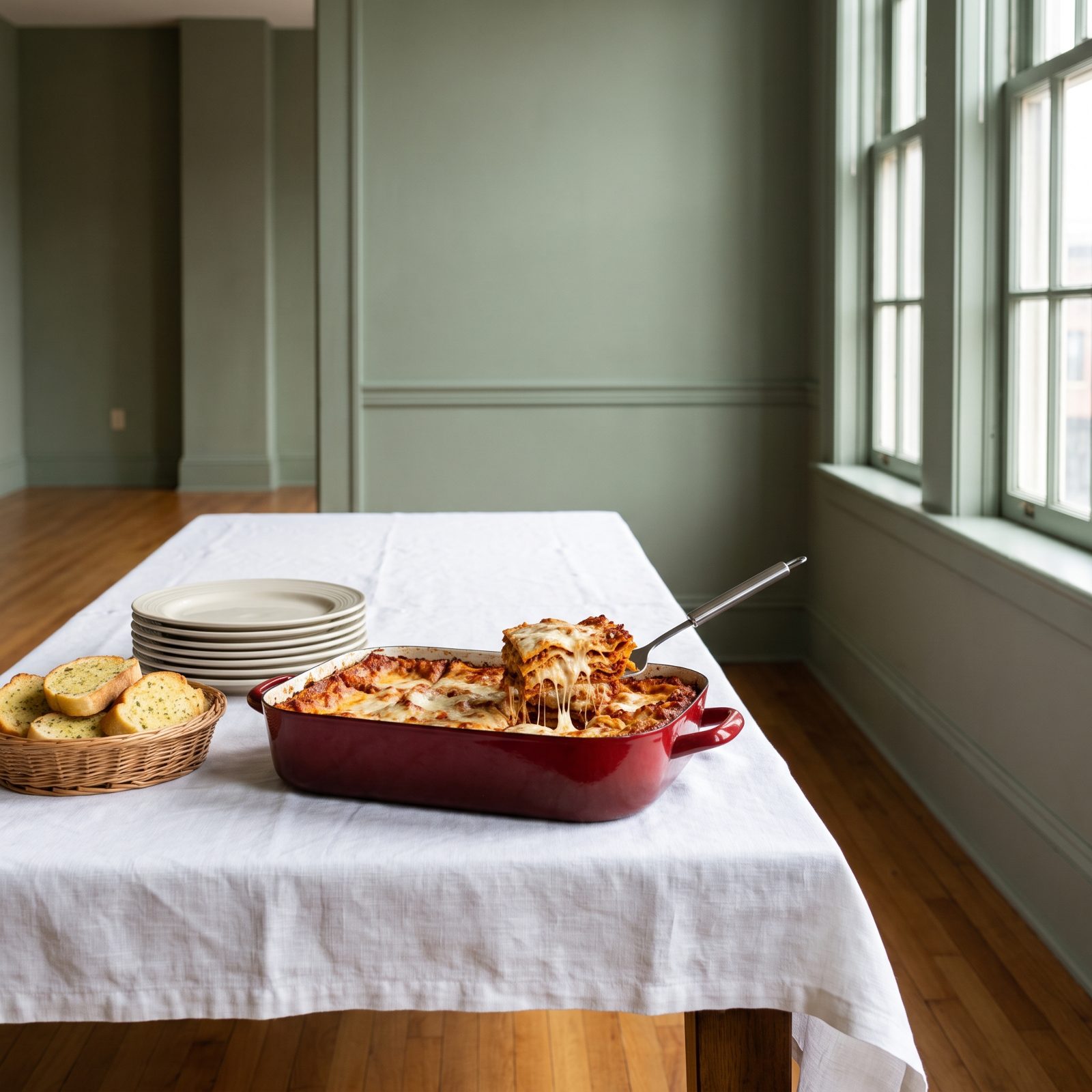 School-gym banquet table with a deep red roasting pan of baked lasagna, one square lifted out with melted cheese, spatula