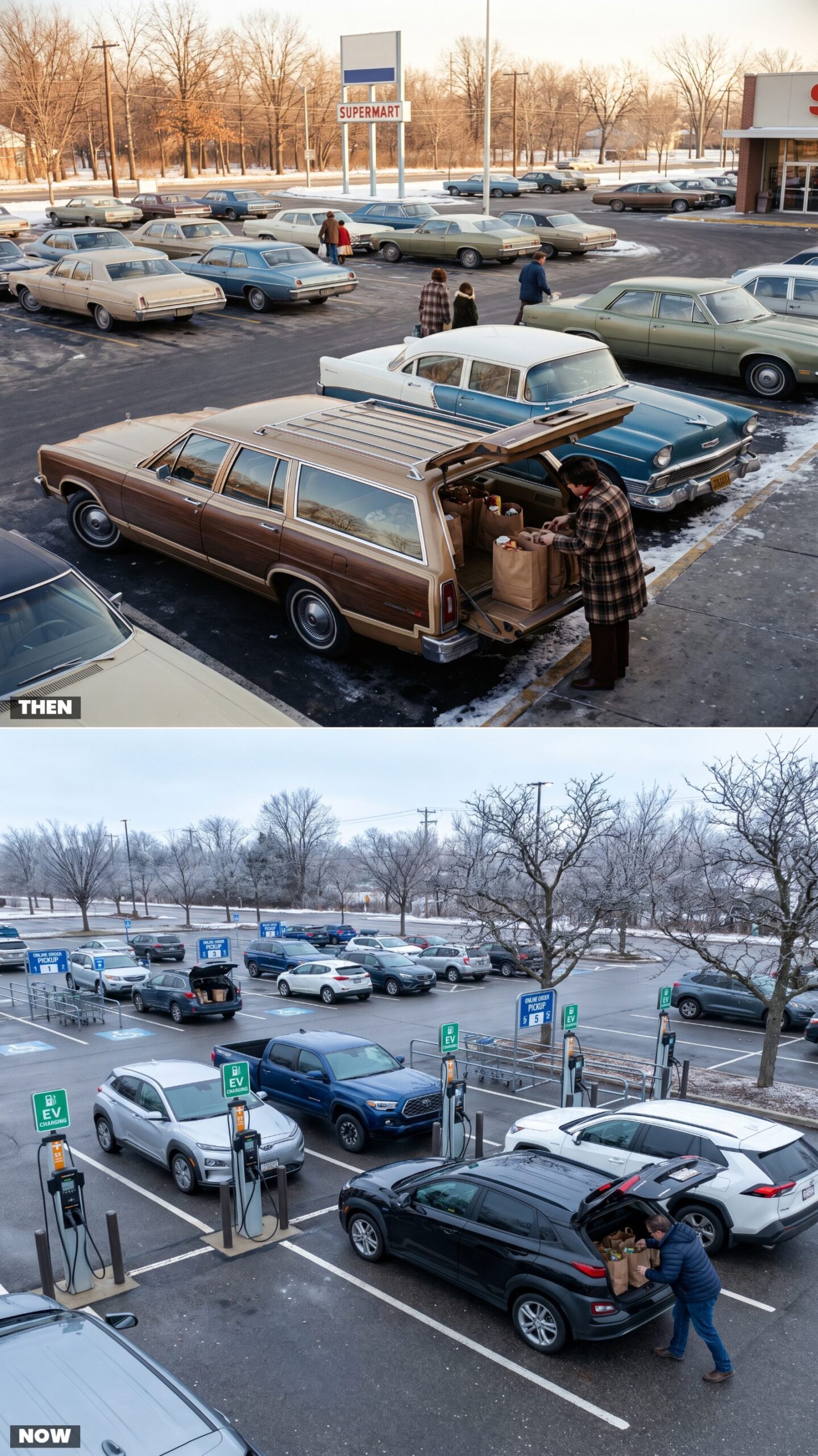 Parking Lots: Wood-Paneled Station Wagons vs. Pickup Spaces and EV Chargers