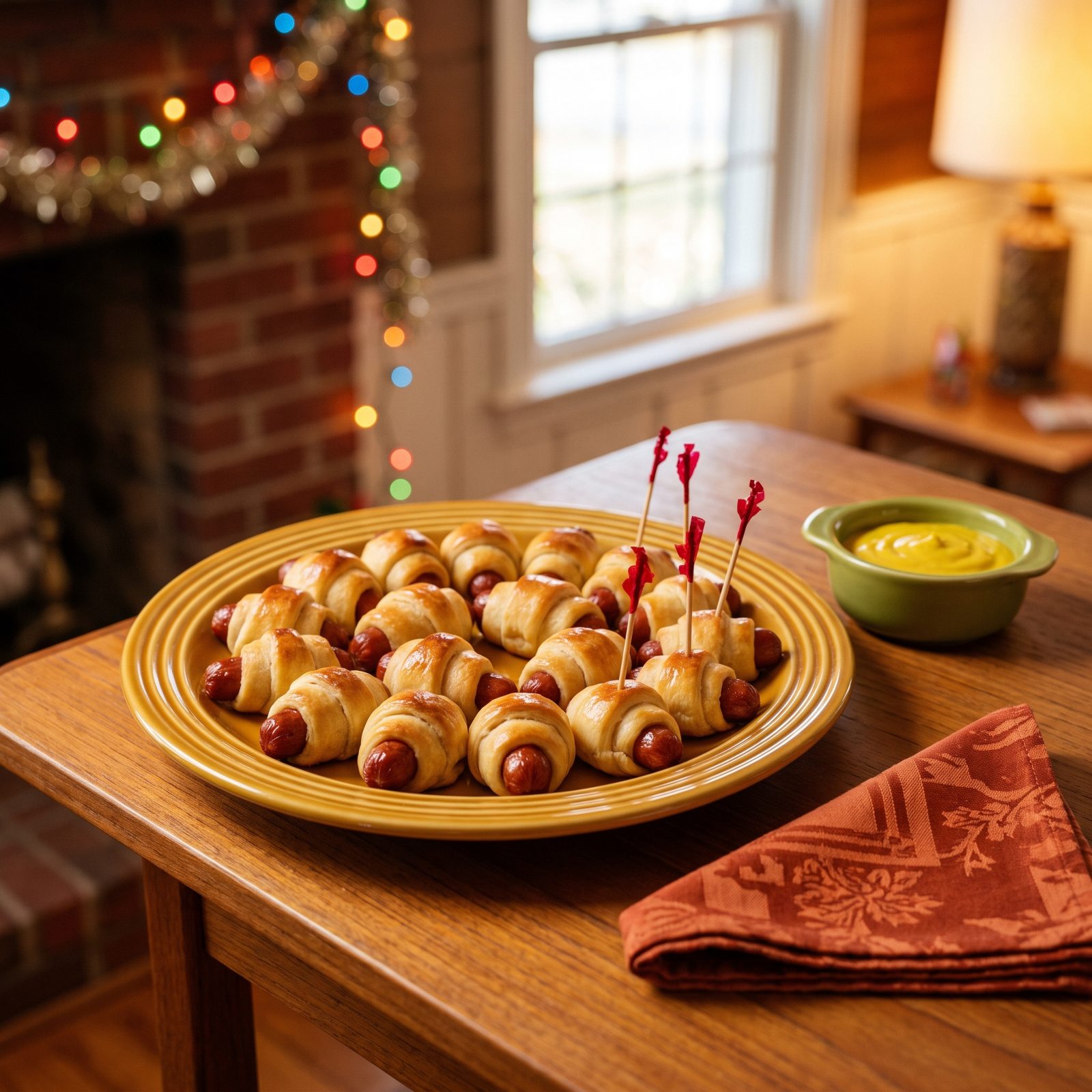 Pigs in Blankets With a Little Dish of Yellow Mustard