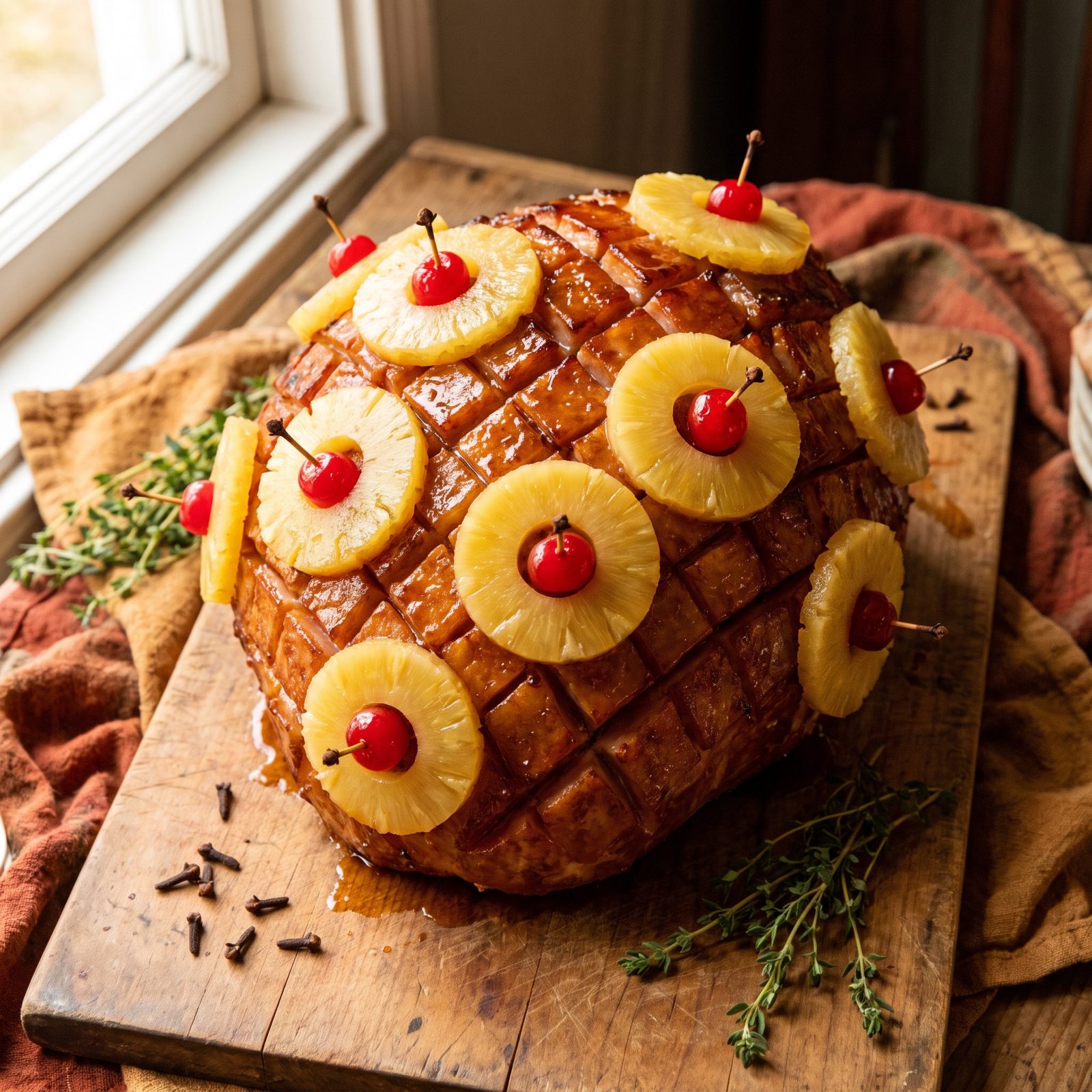 Pineapple-Studded Ham With Maraschino Cherries