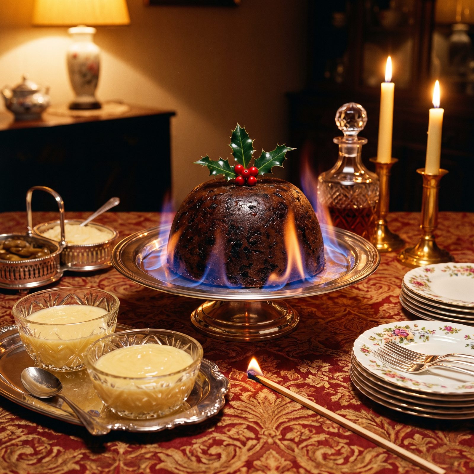 Plum Pudding Flamed at the Table, The Grand Finale in Brandy