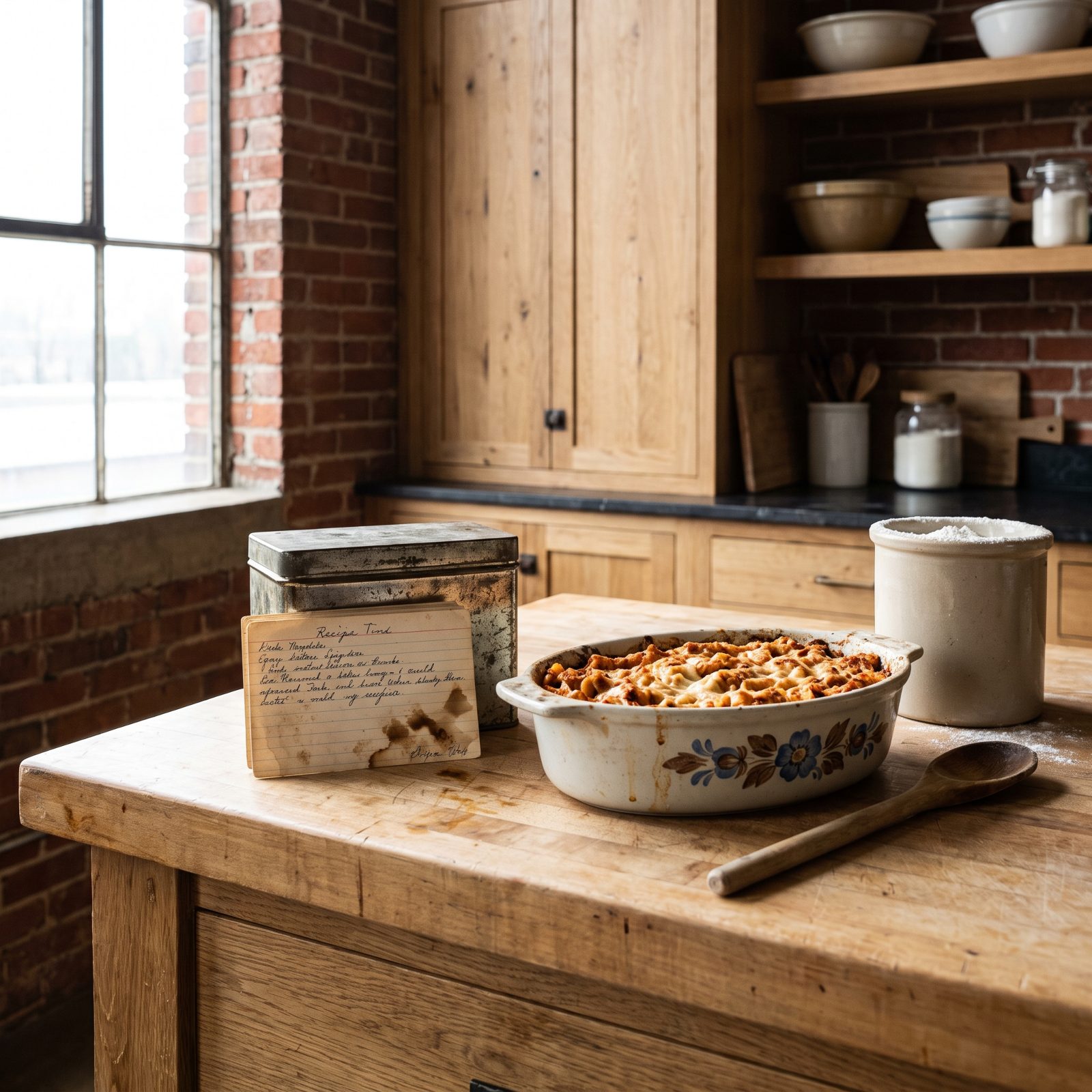 Kitchen counter with a stained handwritten recipe card propped against a metal recipe box beside a filled floral casserole