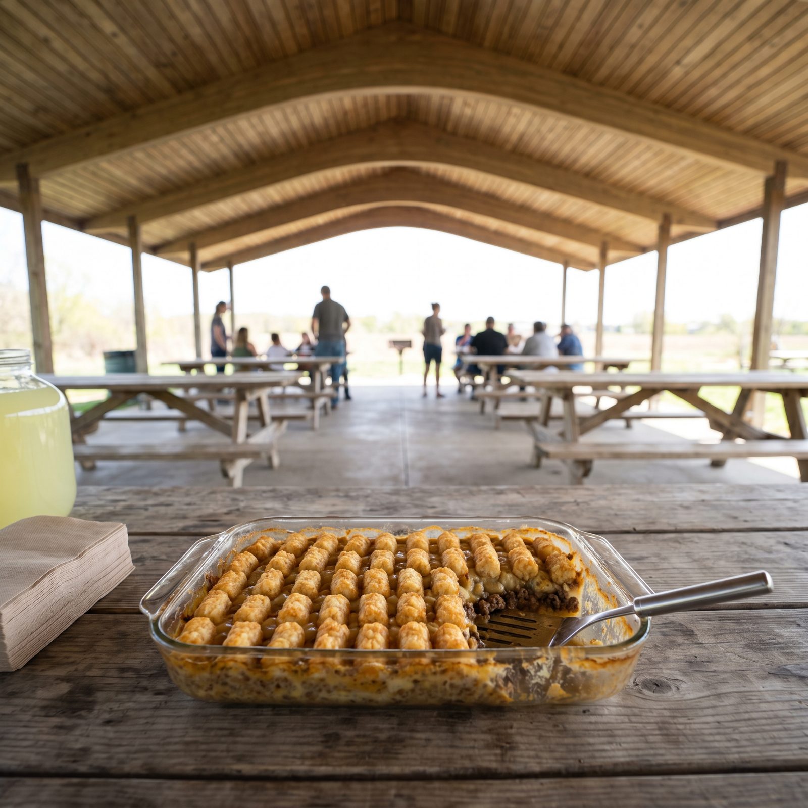 Picnic-shelter table with a glass dish of tater tot hotdish, rows of golden tater tots on top and a spatula resting inside.