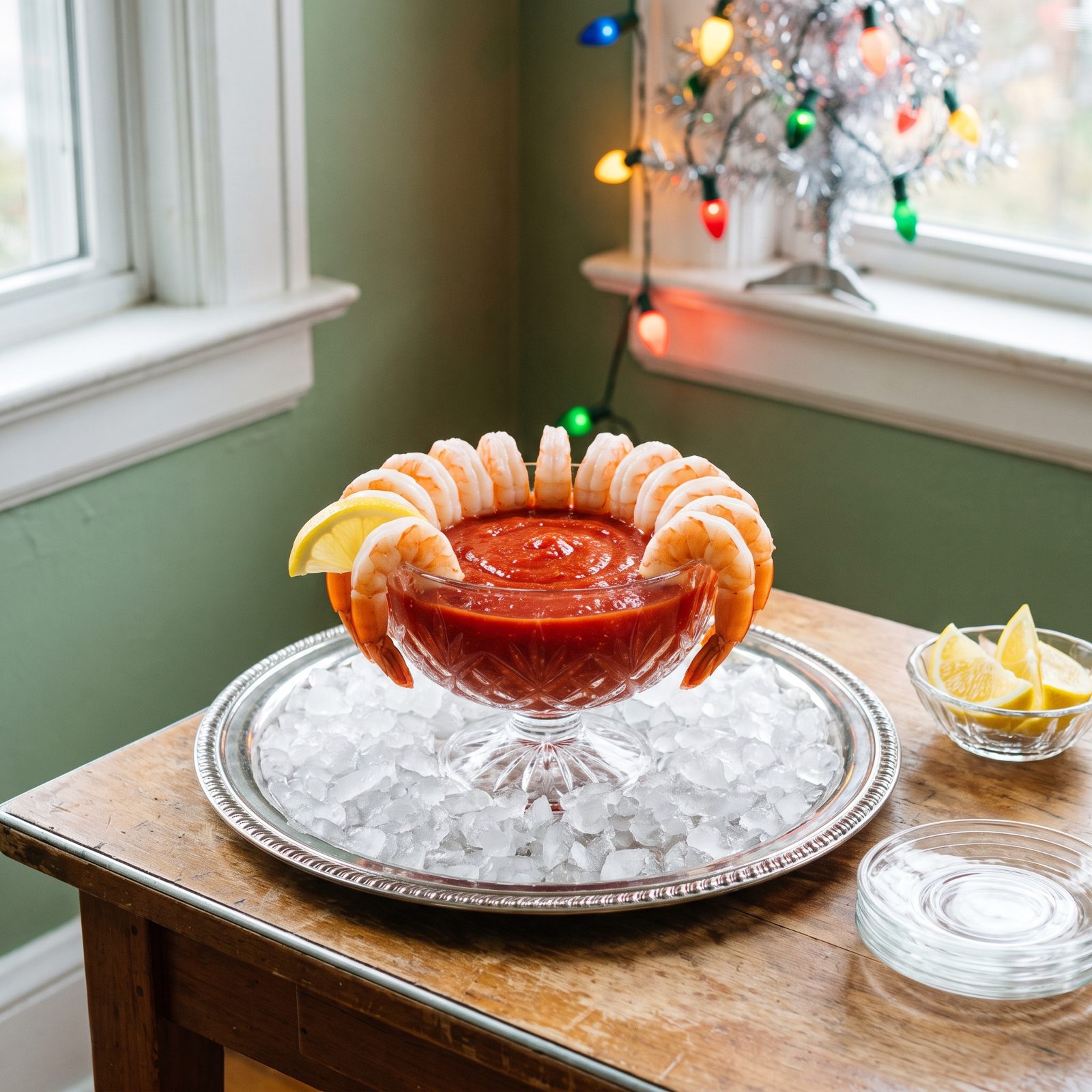 Shrimp Cocktail Hung Around a Bowl of Red Sauce