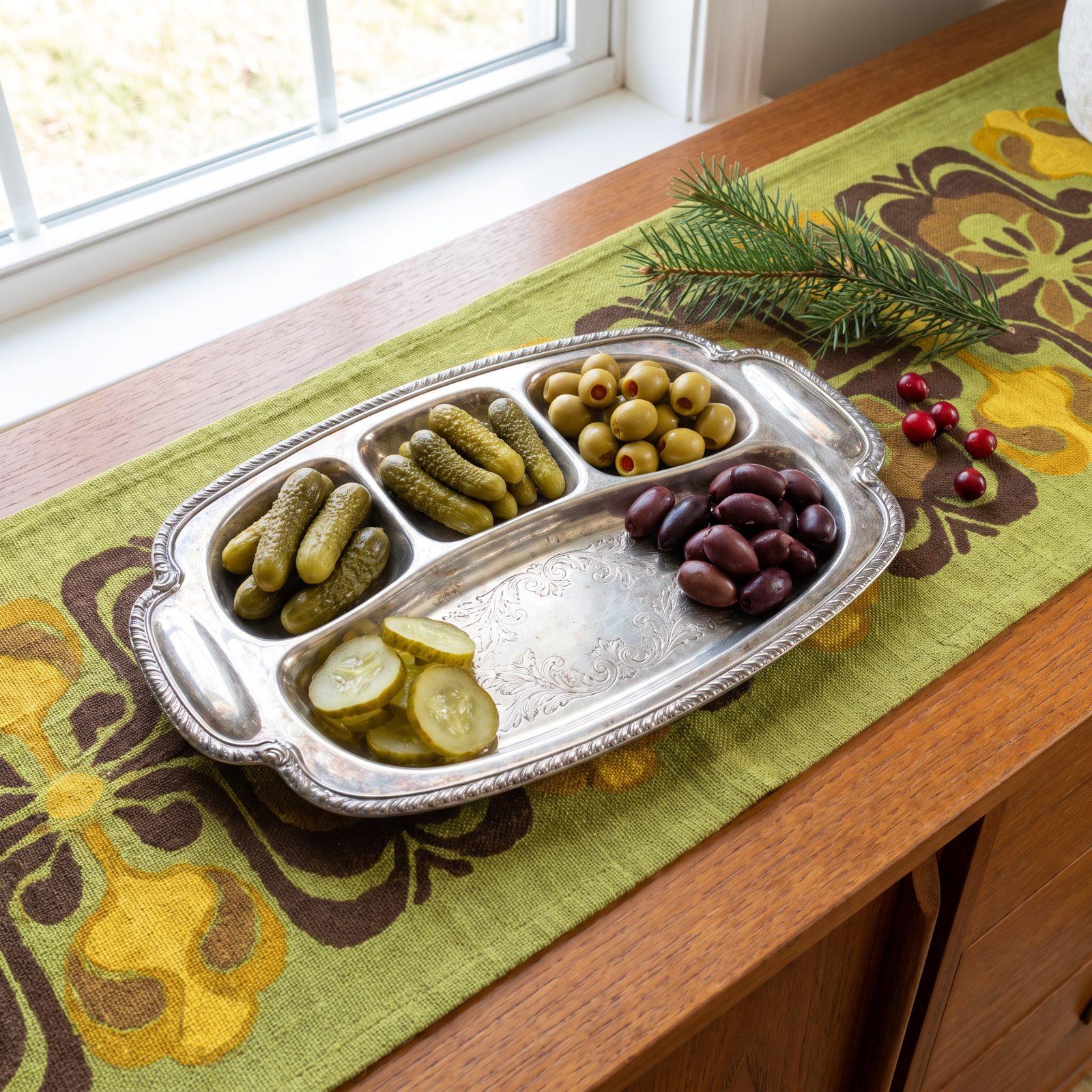 A Silver Relish Tray of Pickles and Olives