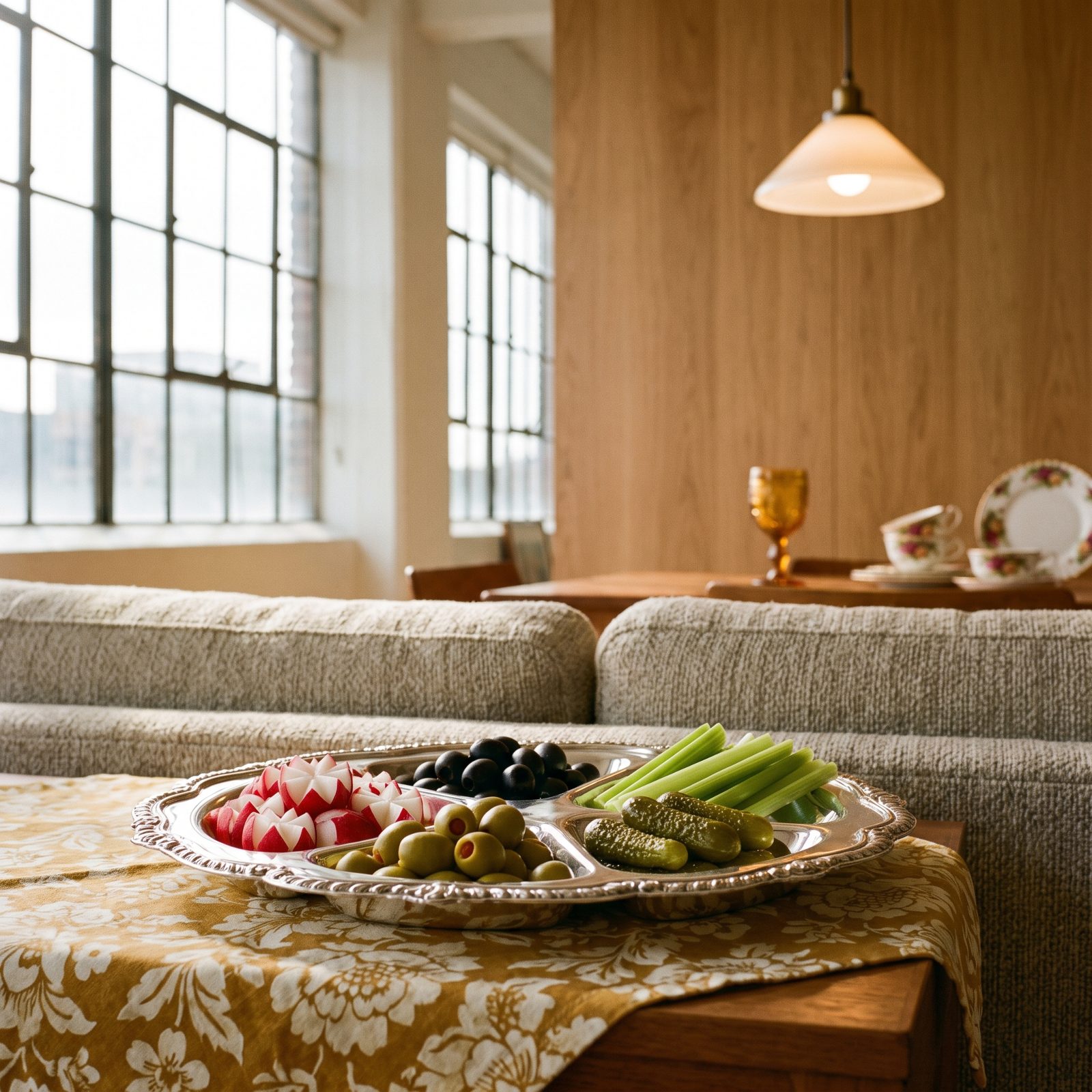 A Silver Relish Tray of Radishes, Olives, and Pickles