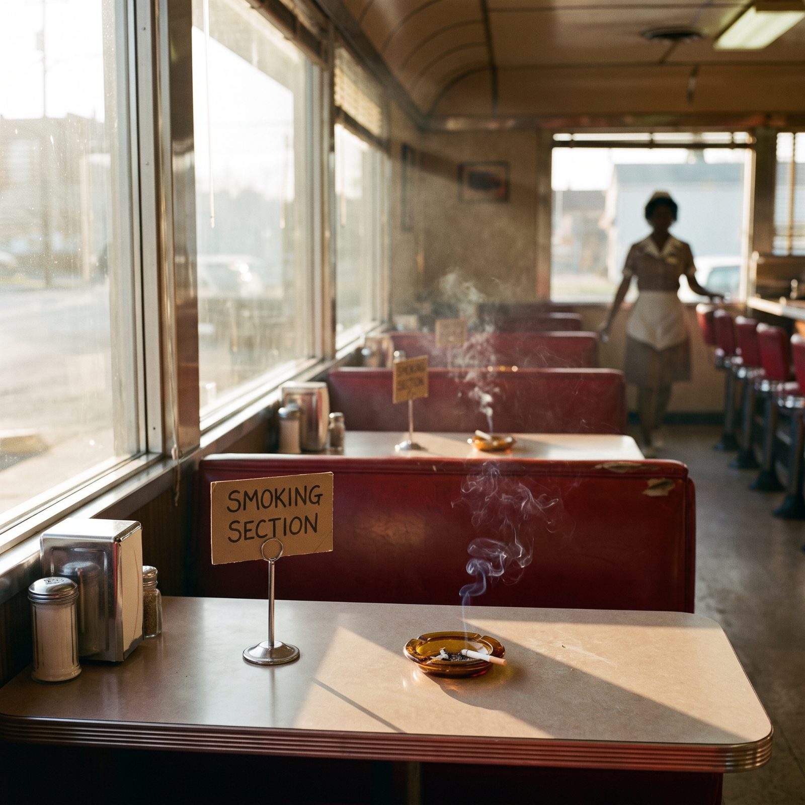 A Smoking Section Marked Only by a Sign, with Glass Ashtrays on Every Table