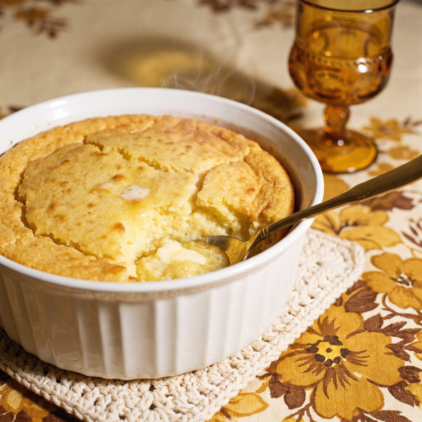 Spoonbread Served From a Soufflé Dish