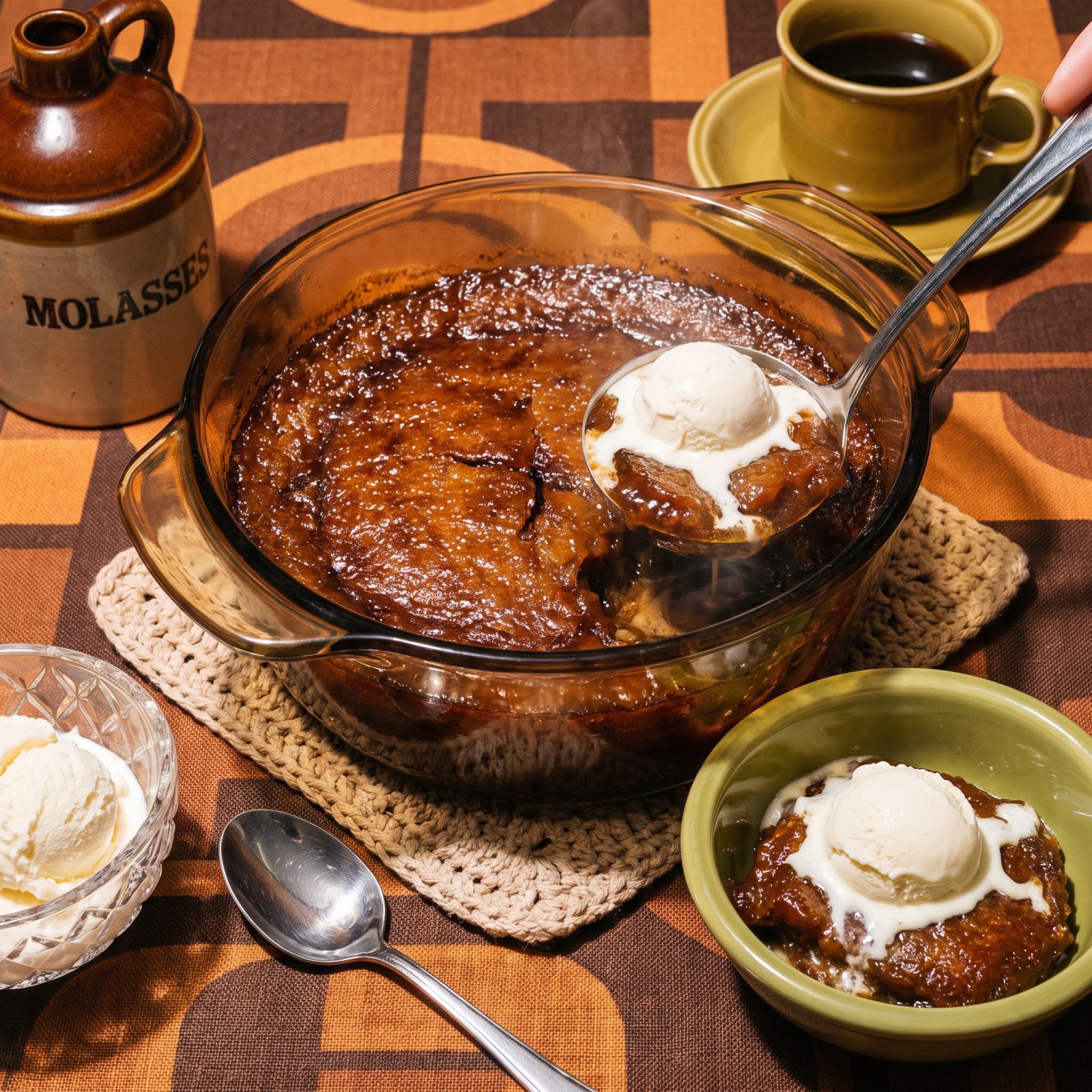 Steamed Indian Pudding, Slow-Baked in the Amber Casserole