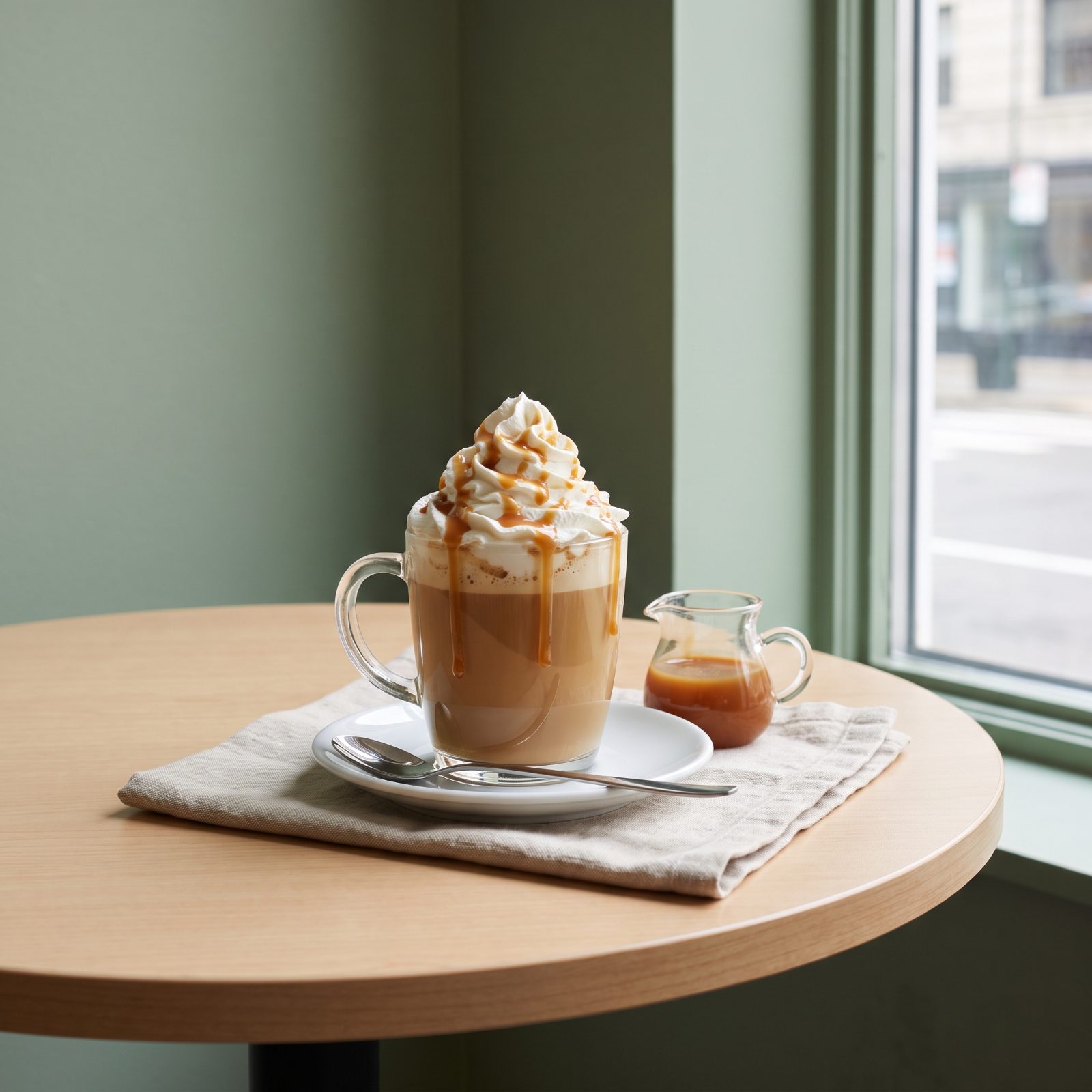 Café table with a glass mug of coffee topped with whipped cream and caramel drizzle, a spoon and sauce pitcher beside it.