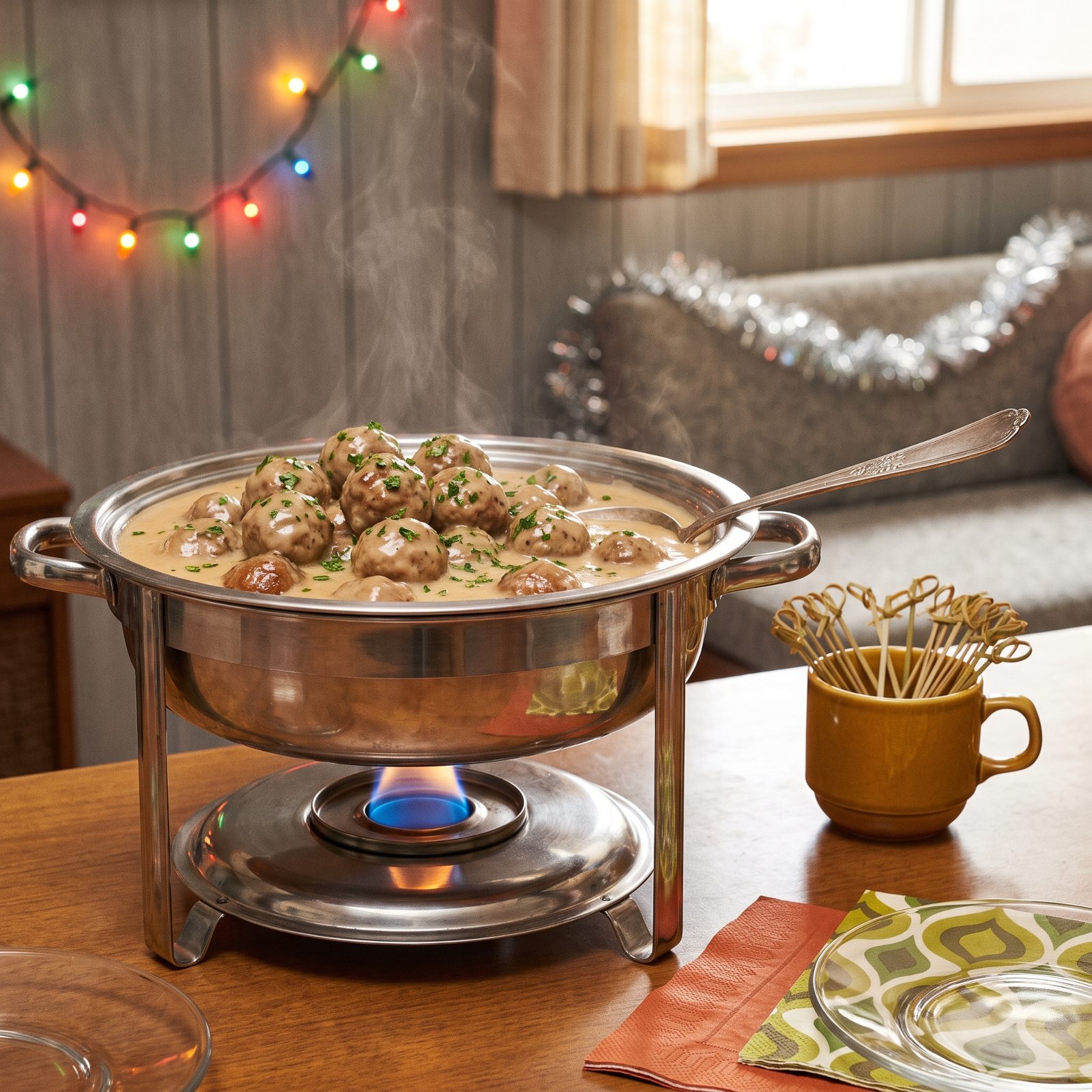 Swedish Meatballs Kept Warm in the Chafing Dish